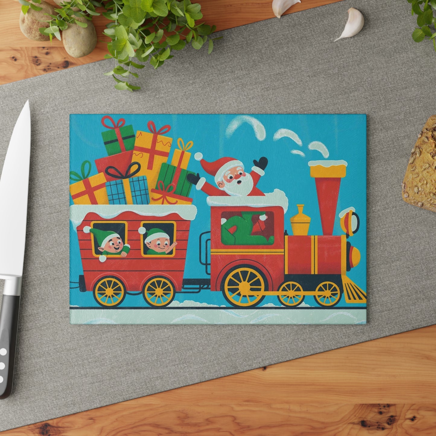 Christmas Santa Train Glass Cutting Board — Festive Holiday Kitchen Decor