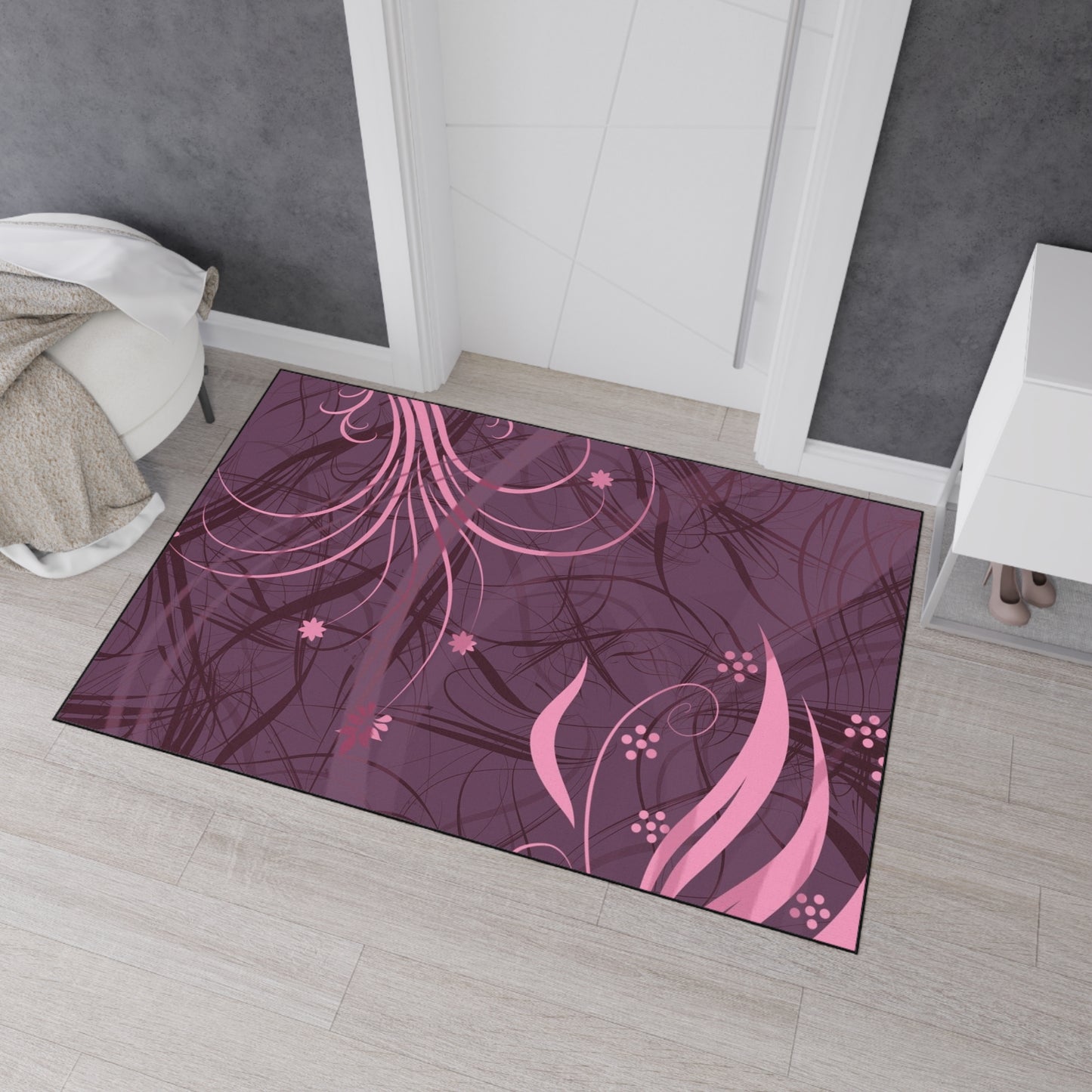 Floral Swirl Heavy-Duty Floor Mat — Pink Abstract Entry Rug