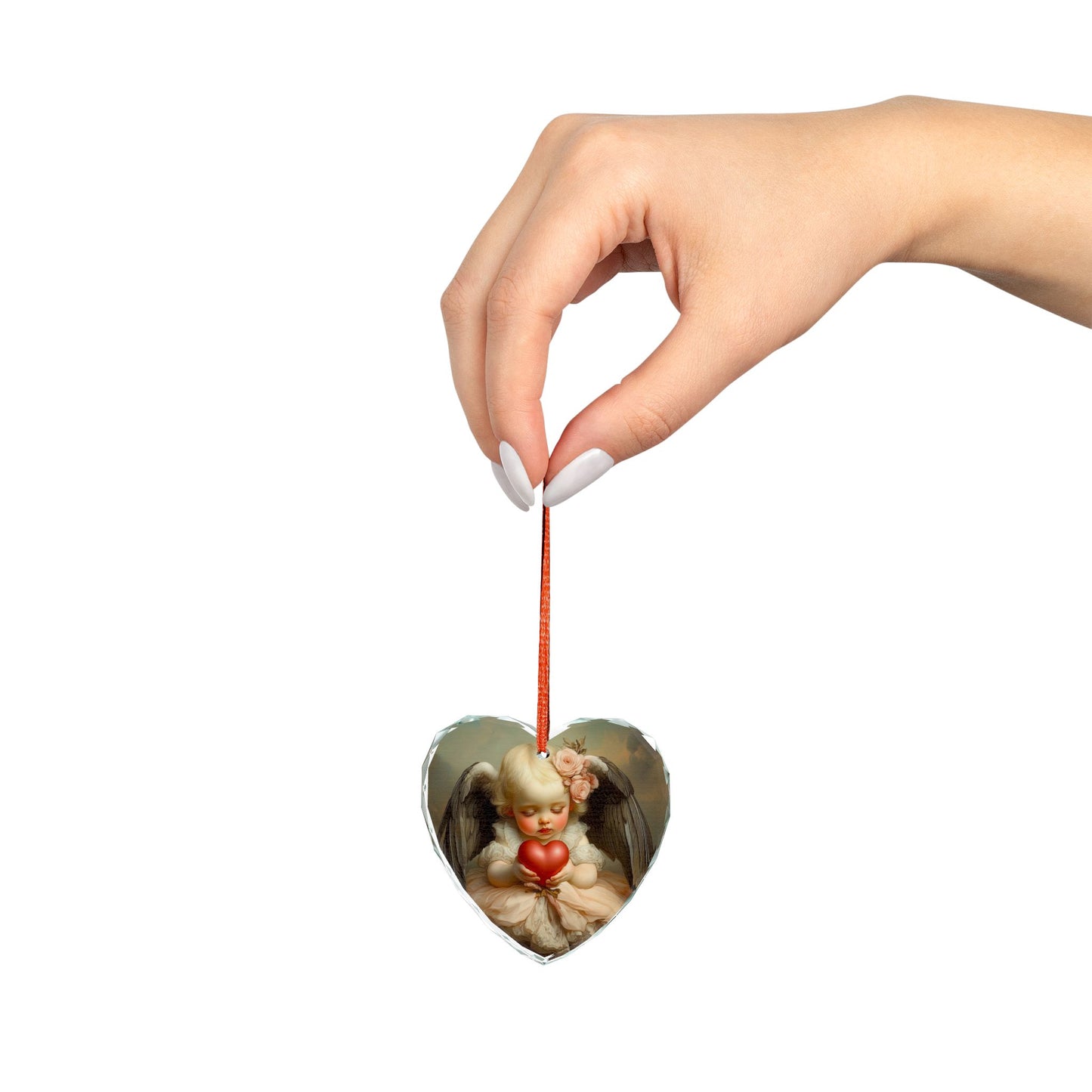 Heart-Shaped Crystal Ornament, Cherubic Decor, Valentine's Gift, Home Decoration, Christmas Tree Ornament, Romantic Keepsake