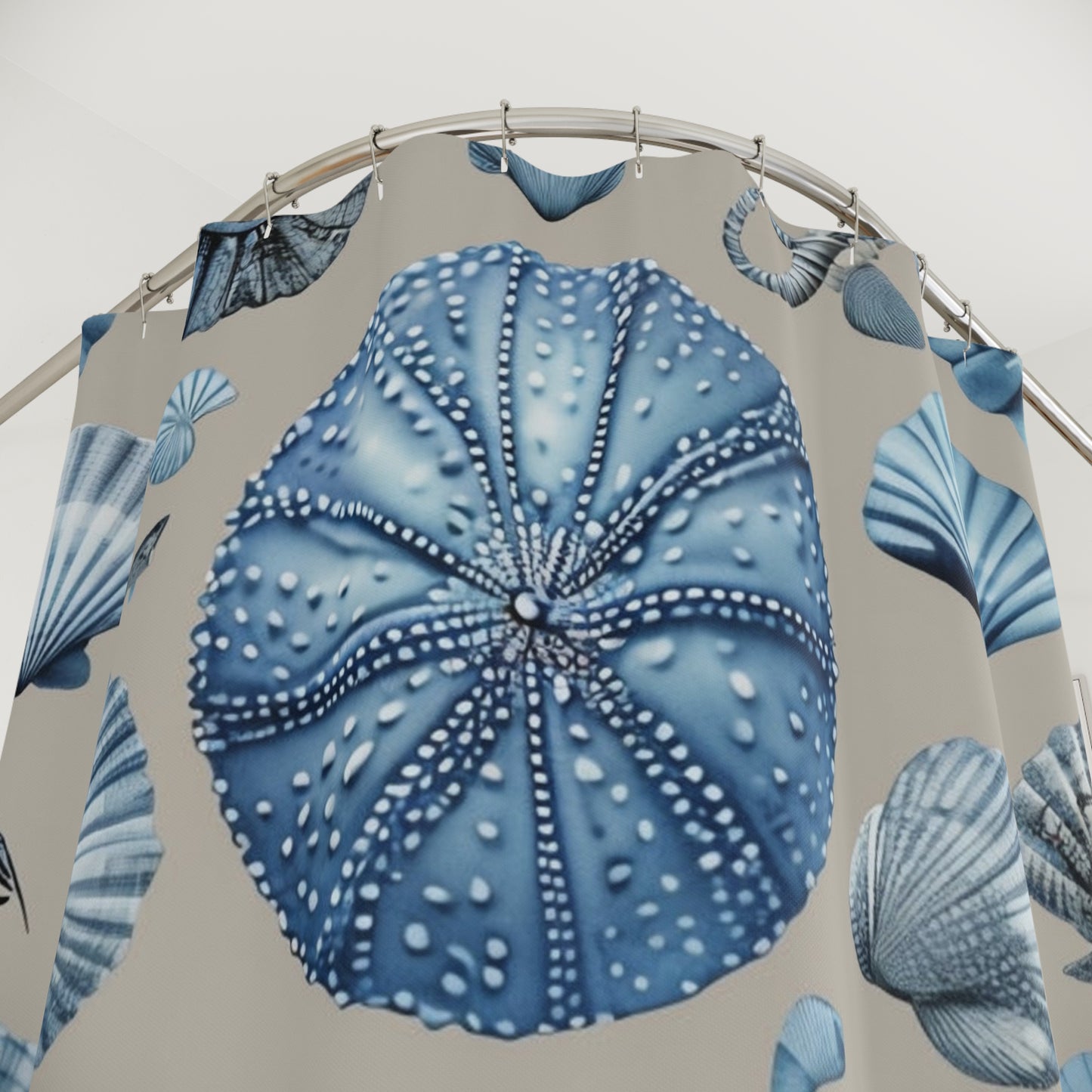 Coastal Blue Sea Life Shower Curtain — Whale, Seashell & Sea Urchin Ocean Bathroom Decor