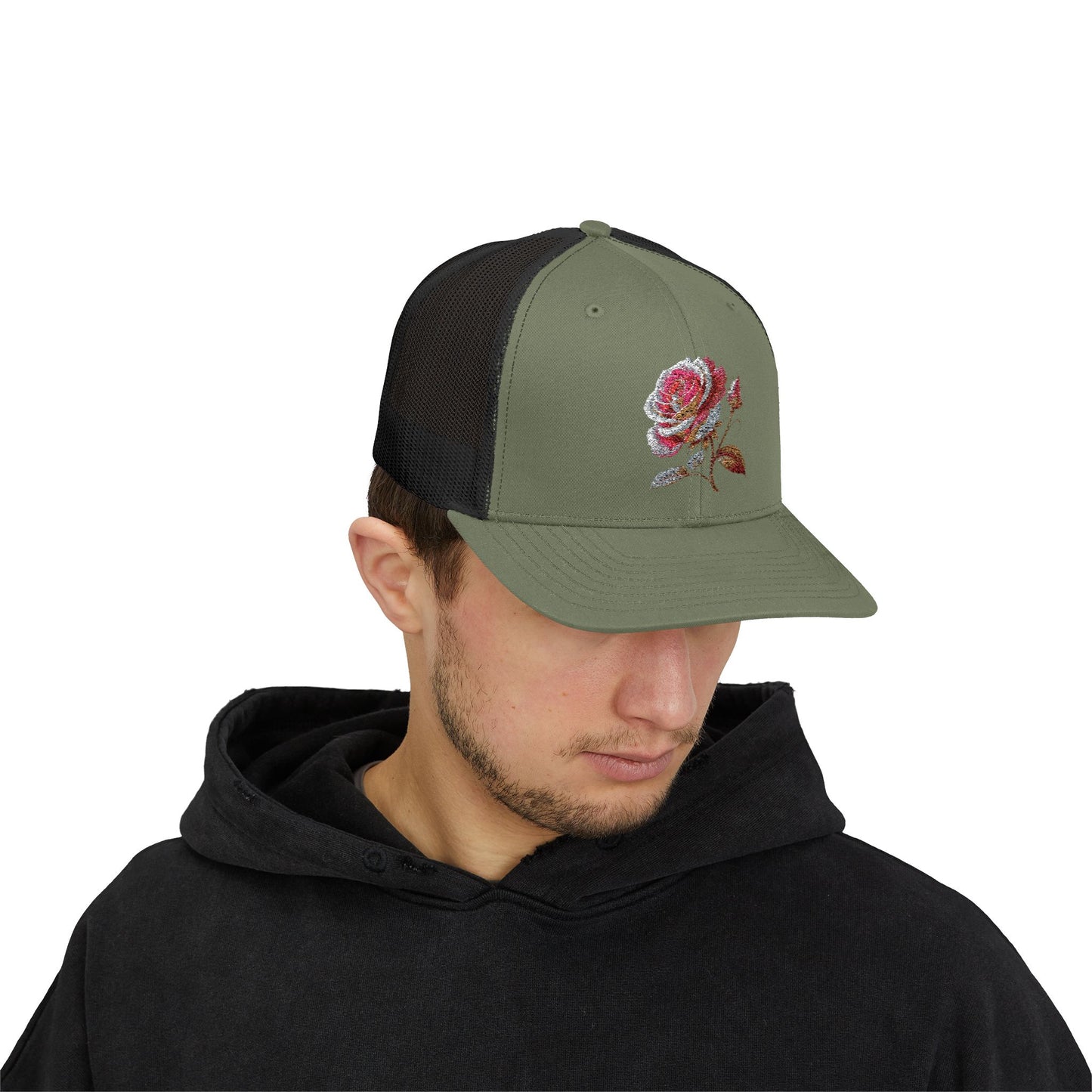 Rose Embellished Snapback Trucker Cap, Casual Hat for Outdoor Events, Gift for Flower Lovers, Stylish Fashion Accessory, Holiday Cap