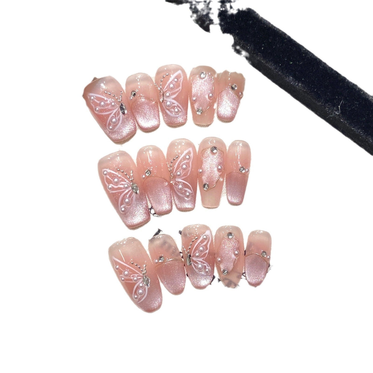 365nails: "Enchanted Butterfly" – Hand-painted 3D Cat Eye Handmade Almond Nails – Image 5