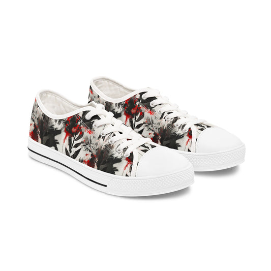 Floral Ink-Blend Low Top Sneakers — Artistic Black & Red Canvas Shoes