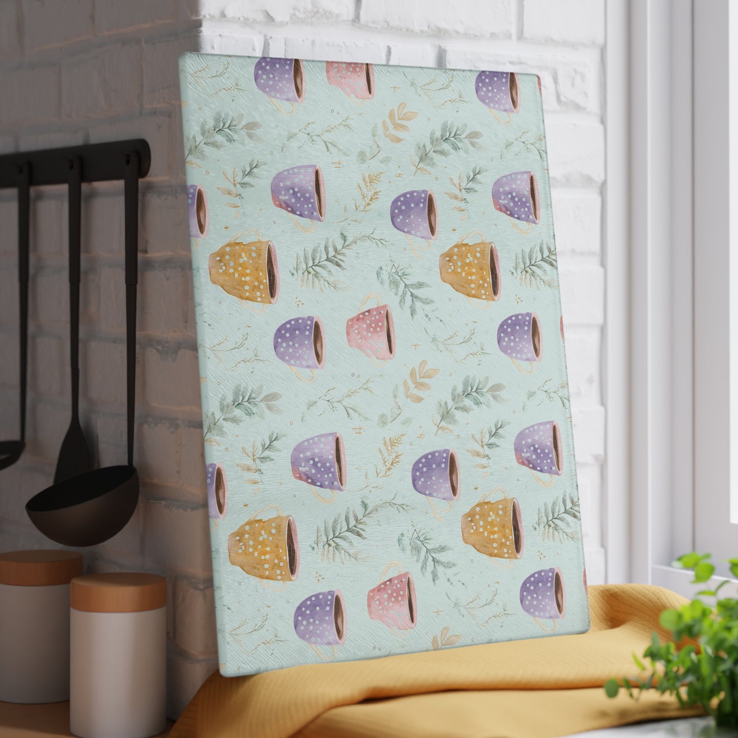Ceramic Mugs Pattern Glass Cutting Board — Pastel Teacup Kitchen Chopping Board