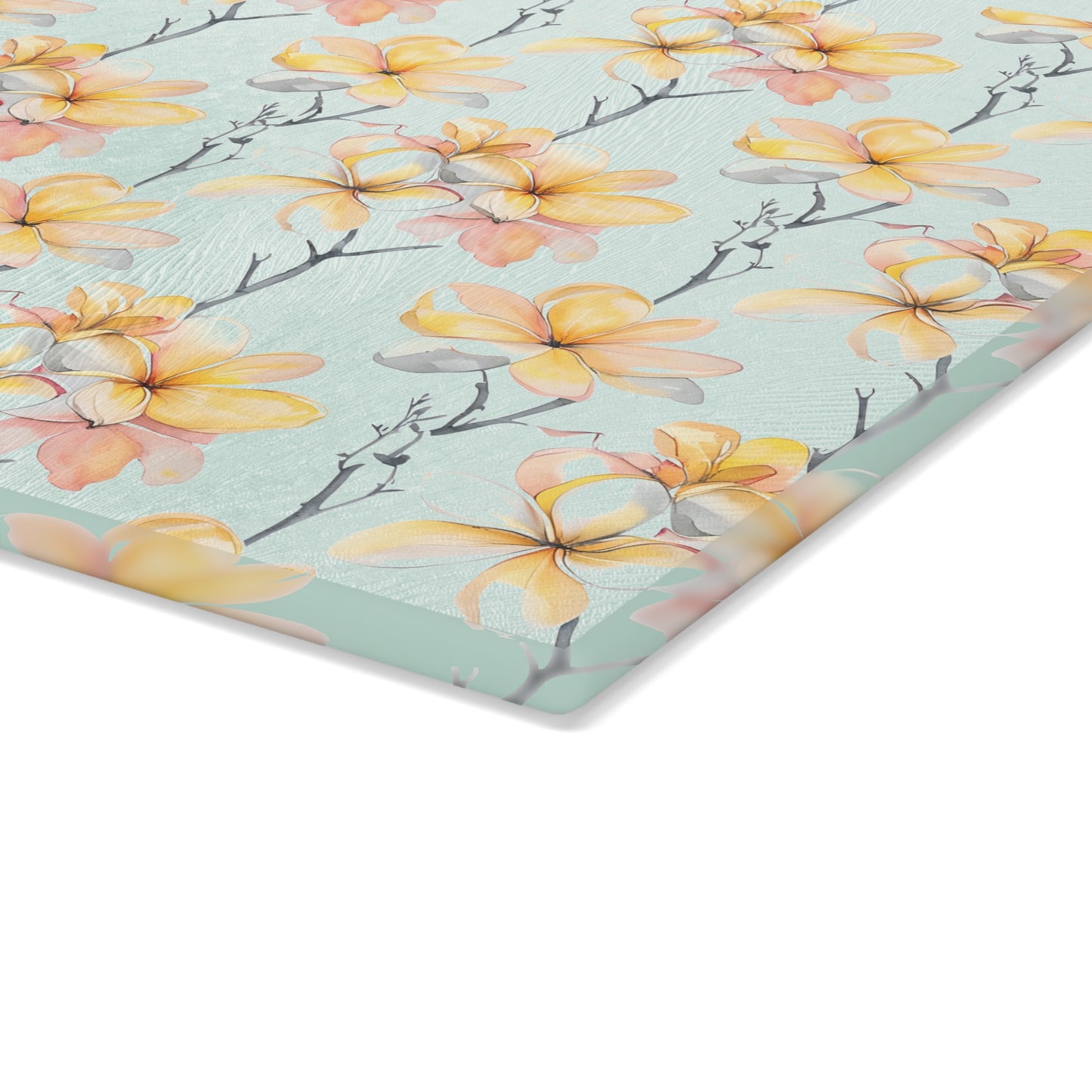 Floral Magnolia Glass Cutting Board — Pastel Yellow Blossom Kitchen Decor