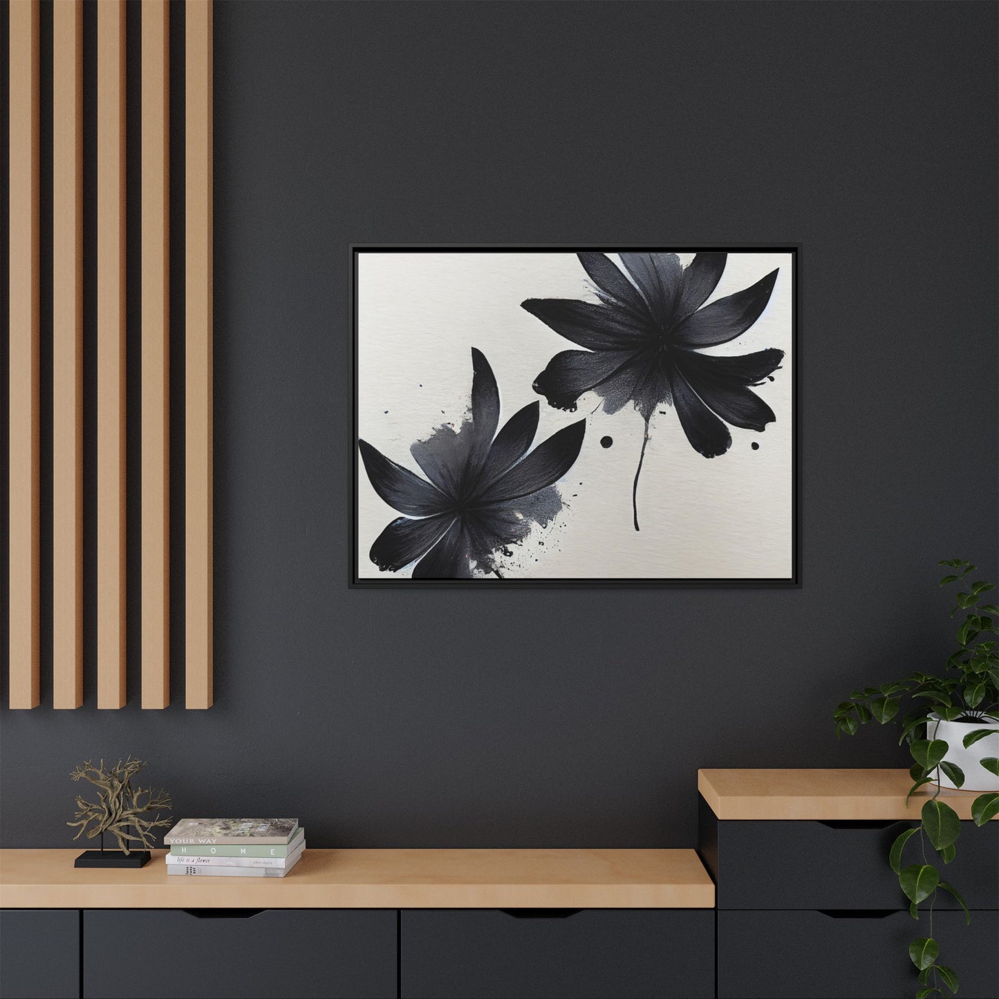 Framed Black Floral Matte Canvas Wall Art — Monochrome Botanical Print
