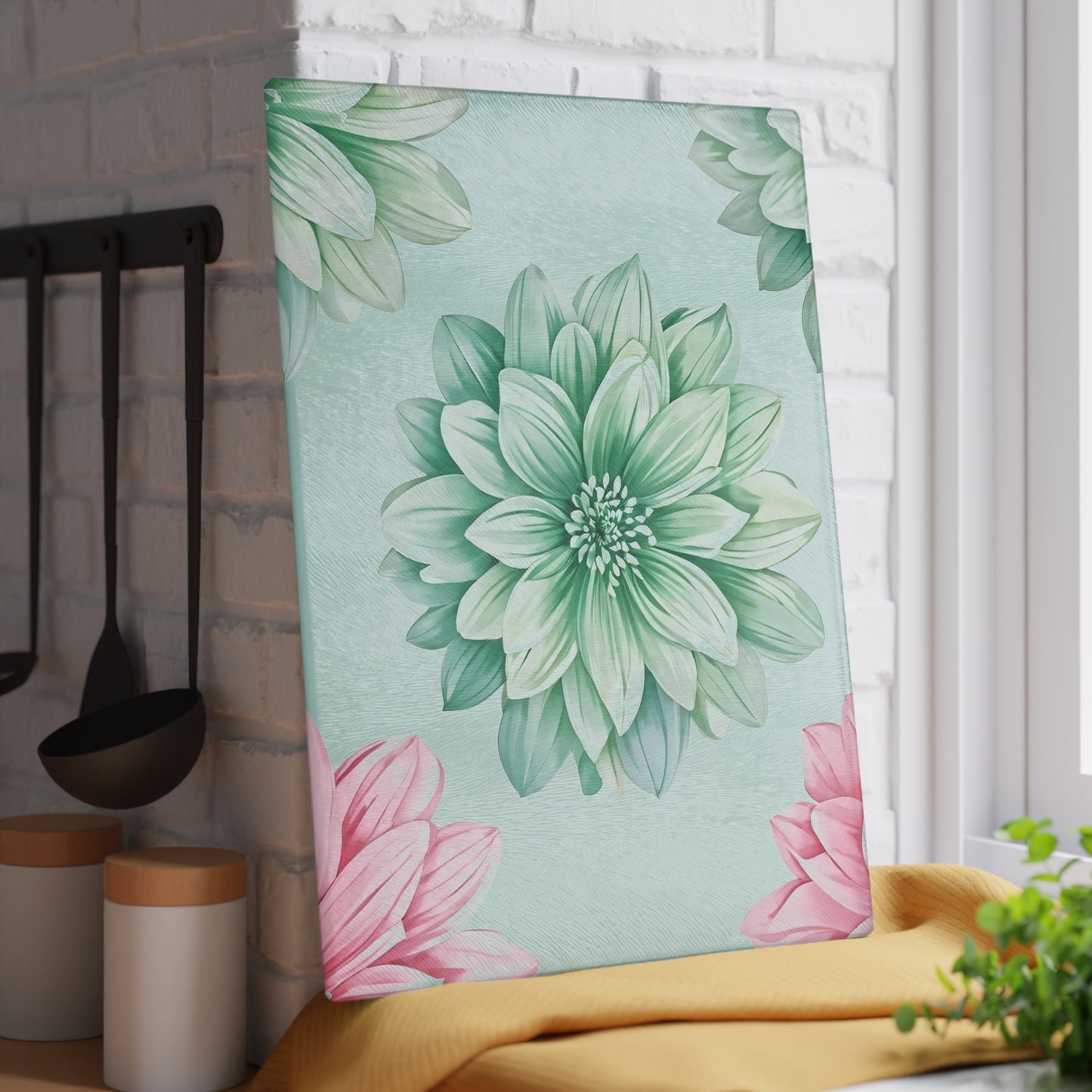 Glass Cutting Board — Pastel Succulent Floral Design (Mint & Pink)