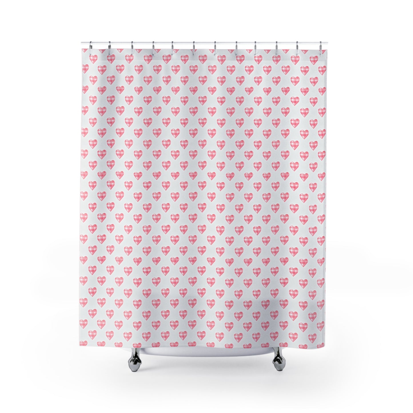 Pink Gingham Heart Shower Curtain — Romantic Valentine Bathroom Decor