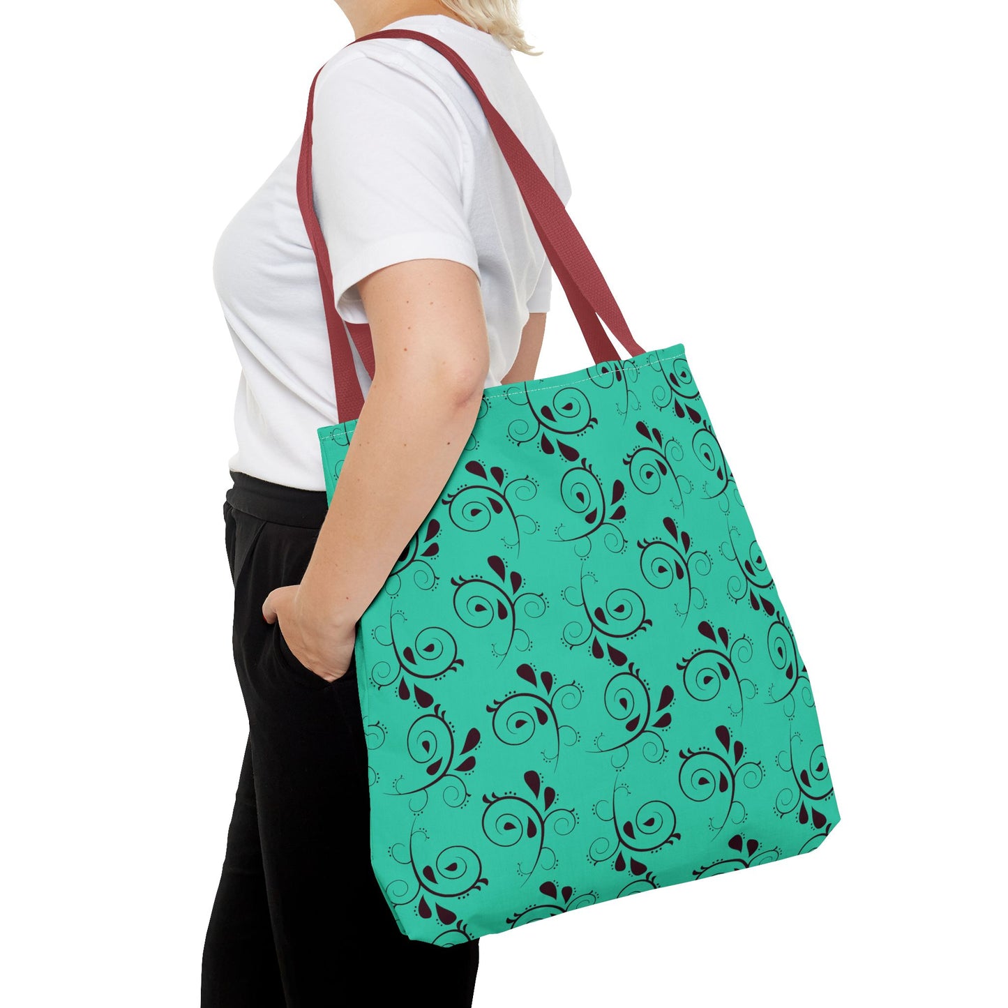 Turquoise Floral Swirl Tote Bag – All-Over Print Stylish Shopping Bag