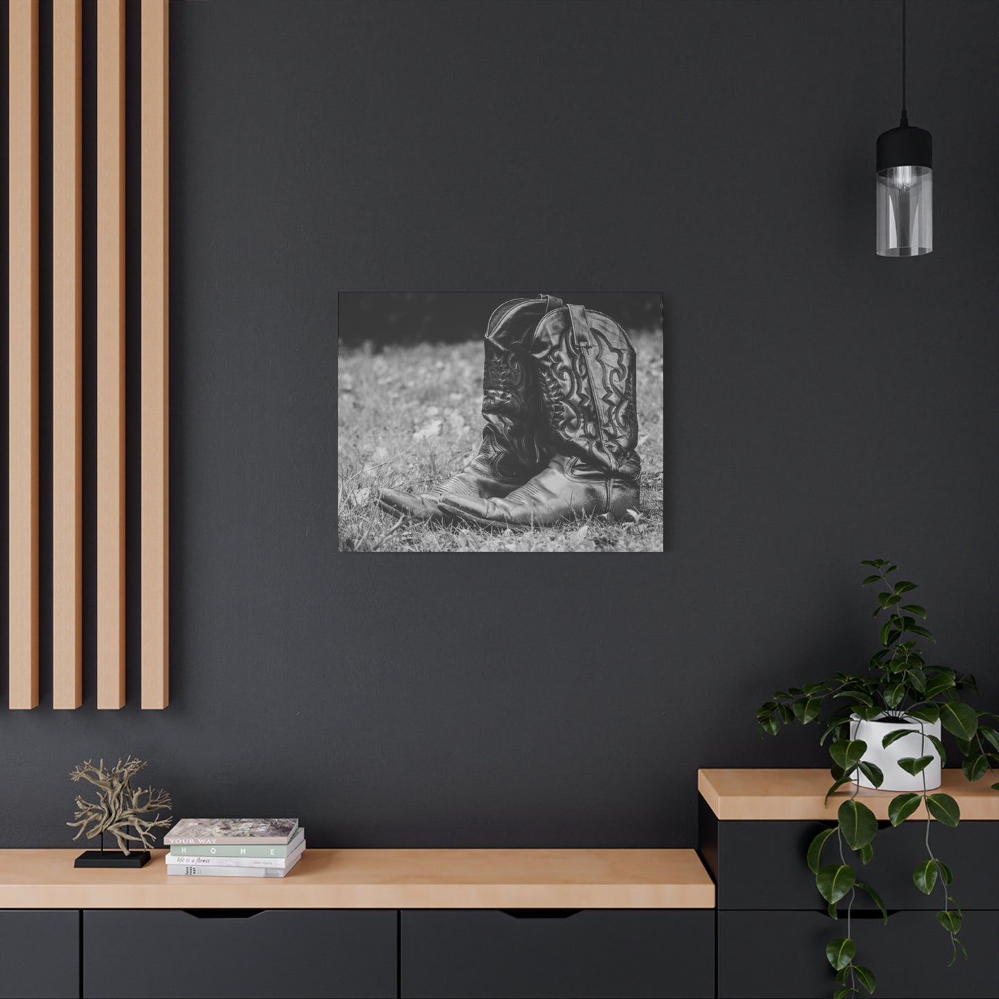 Western Cowboy Boots Matte Canvas Wall Art – Black & White Rustic Country Decor