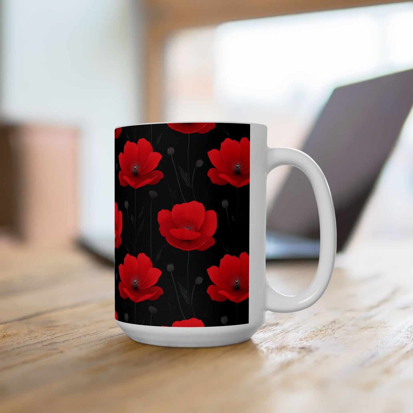 Red Poppy Floral Mug — Black Background Ceramic Coffee Cup (11oz, 15oz)