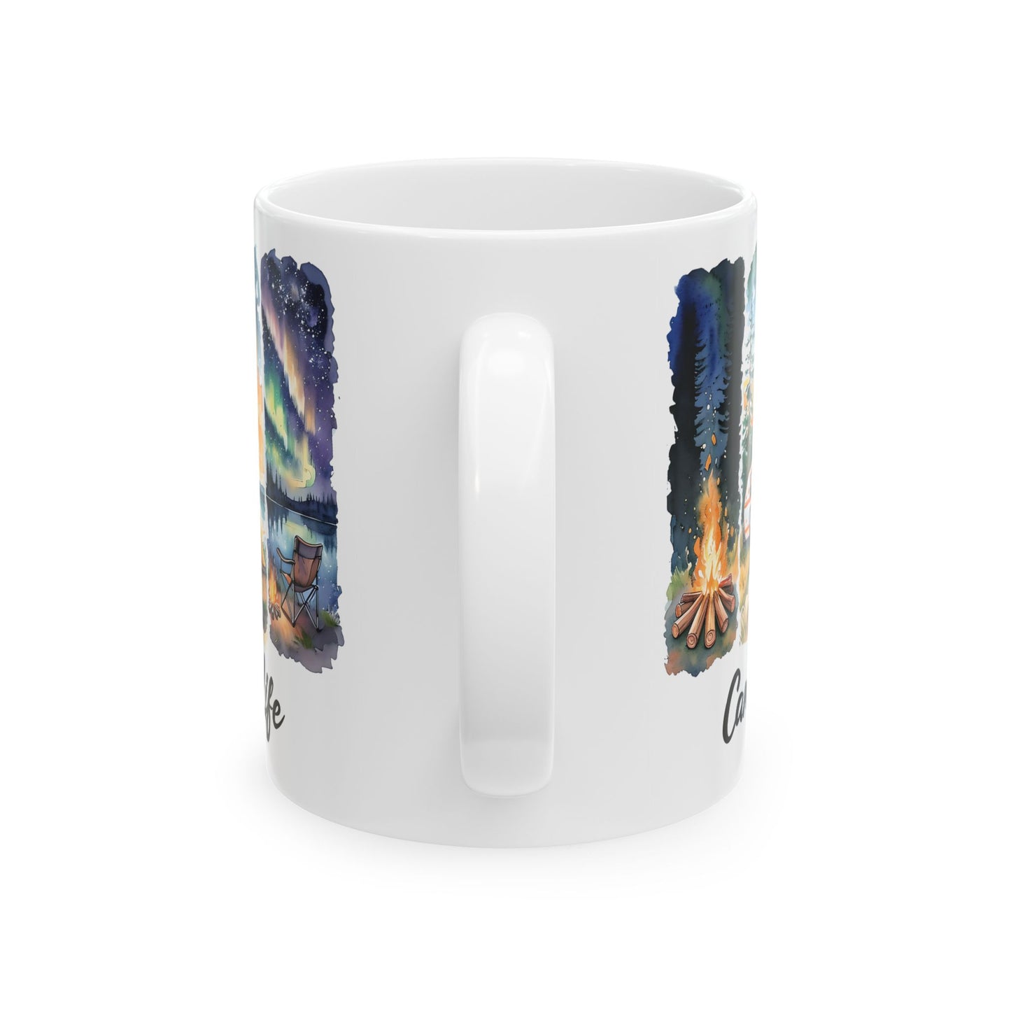 Camping Life Ceramic Mug — Scenic Campfire & Northern Lights Coffee Cup (11oz/15oz)