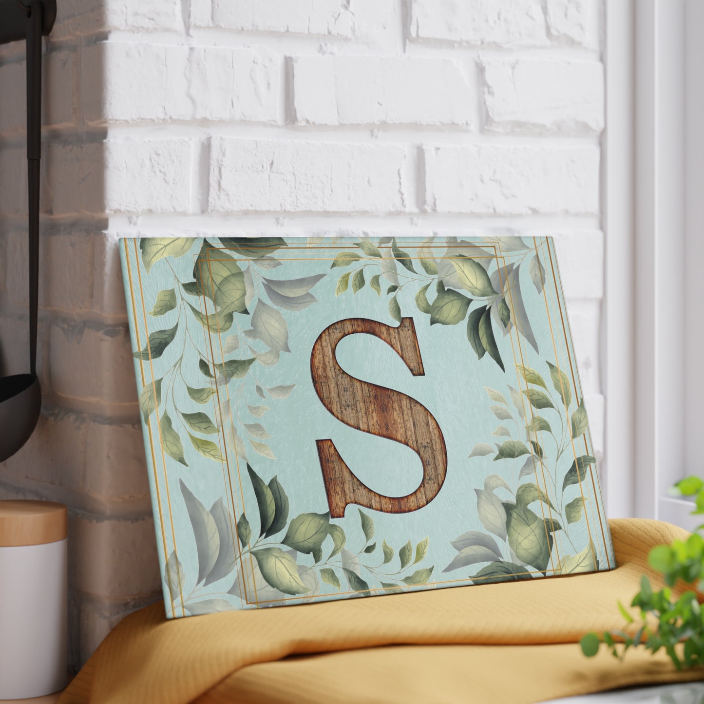 Monogram S Glass Cutting Board — Rustic Wood Initial with Greenery