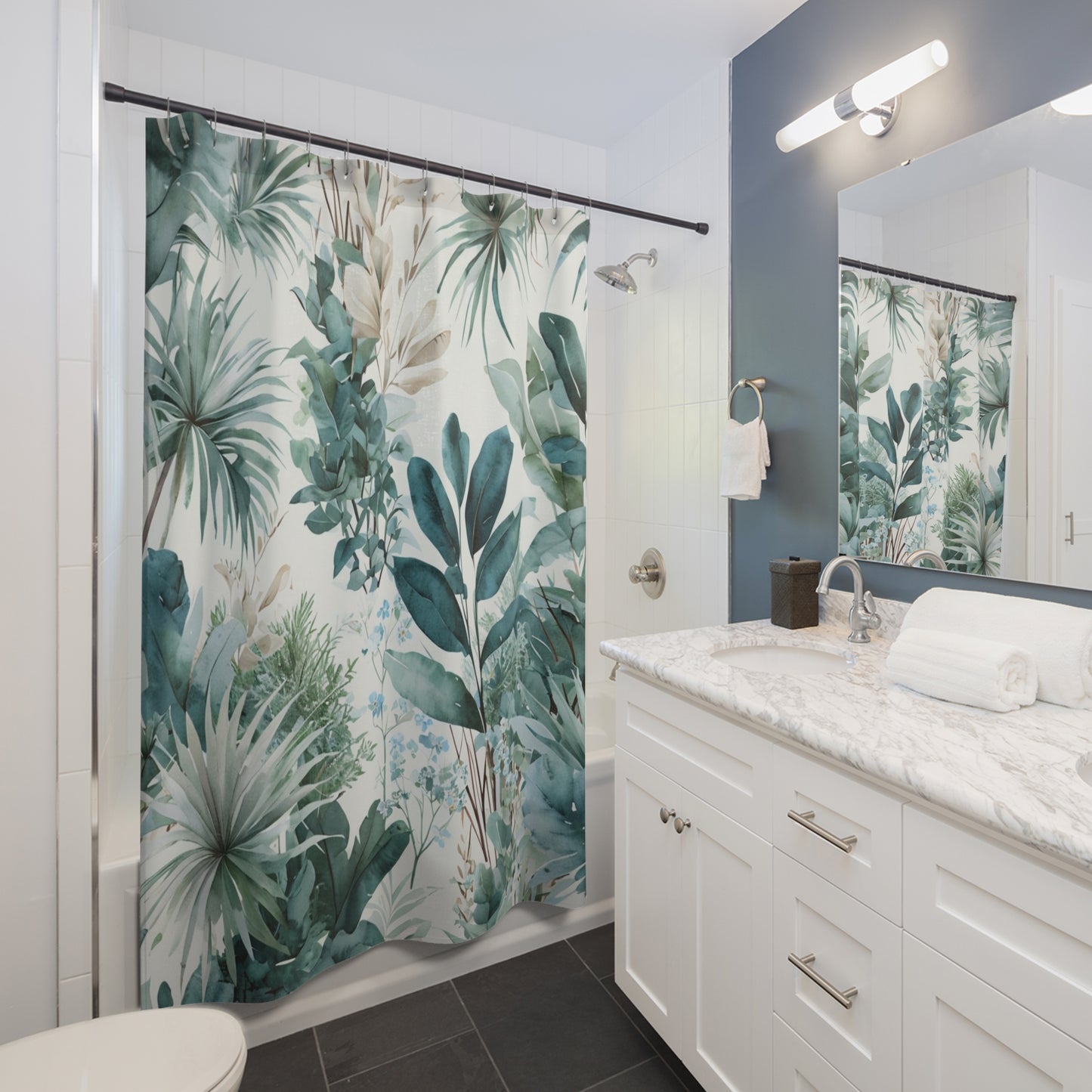 Botanical Tropical Shower Curtain — Green Palm & Foliage Bathroom Decor