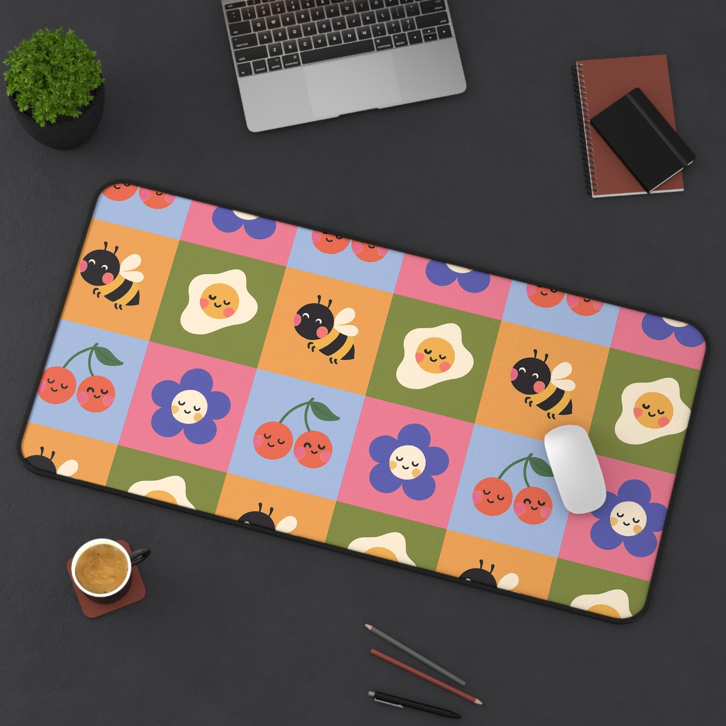 Cute Floral & Bees Desk Mat — Colorful Checkerboard Mouse Pad for Kids & Home Office