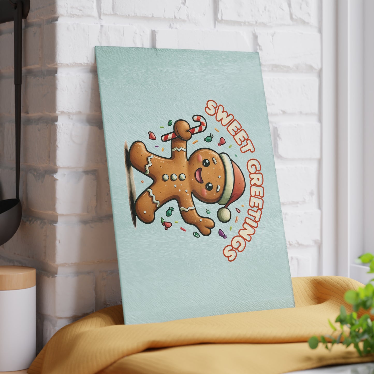 Gingerbread "Sweet Greetings" Glass Cutting Board — Festive Holiday Kitchen Decor