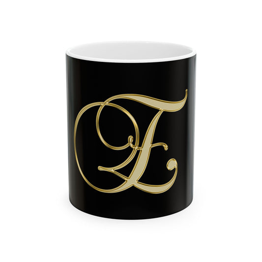 Monogram 'E' Gold Script Ceramic Mug — Elegant Initial Coffee Cup (11oz, 15oz)