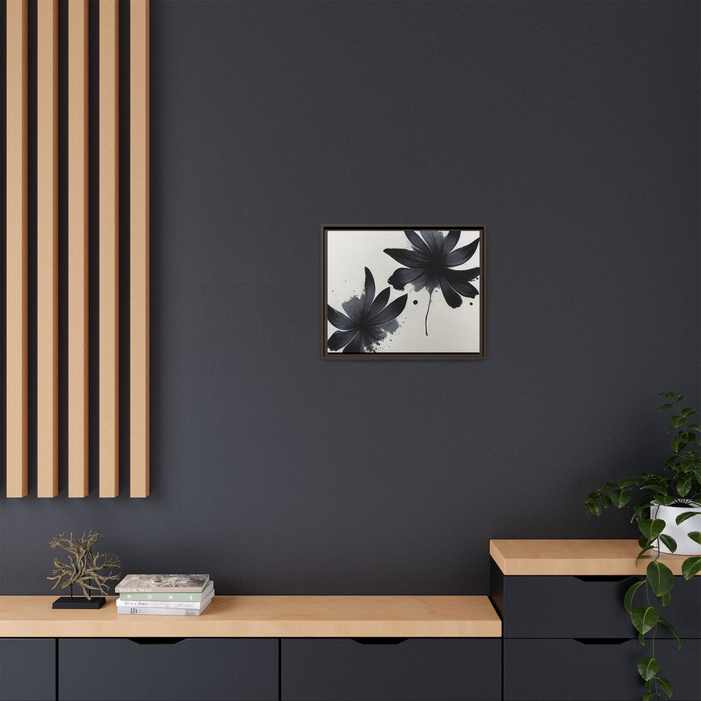 Framed Black Floral Matte Canvas Wall Art — Monochrome Botanical Print