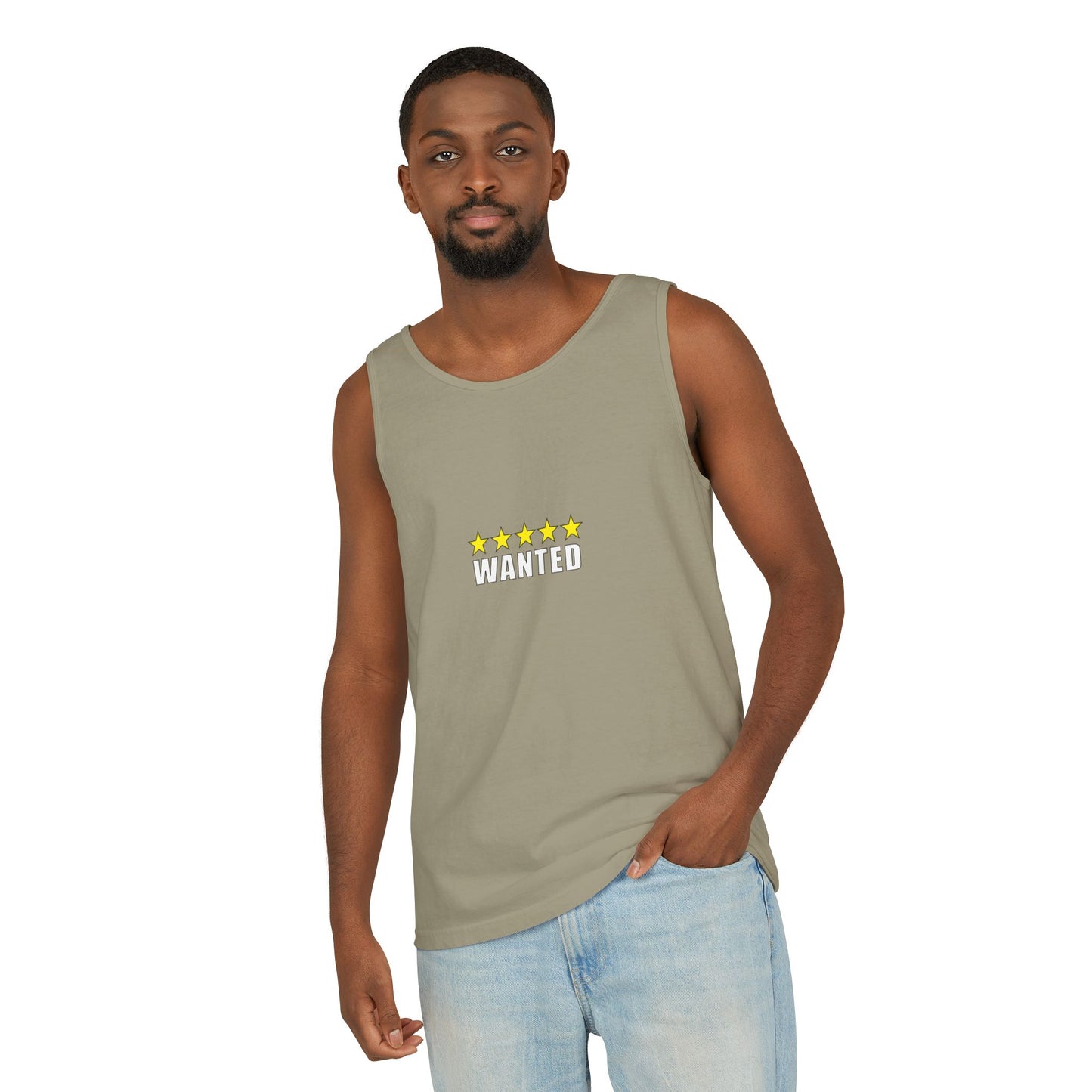 5-Star "WANTED" Garment-Dyed Tank Top, Unisex Summer Shirt, Gift for Him/Her, Trendy Casual Wear, Pool Party Outfit, Unique Graphic Tee