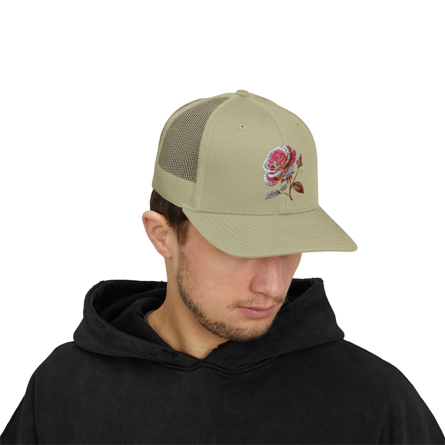 Rose Embellished Snapback Trucker Cap, Casual Hat for Outdoor Events, Gift for Flower Lovers, Stylish Fashion Accessory, Holiday Cap