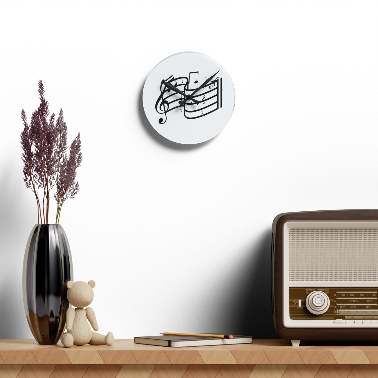 Musical Notes Acrylic Wall Clock — Black Treble Clef Design