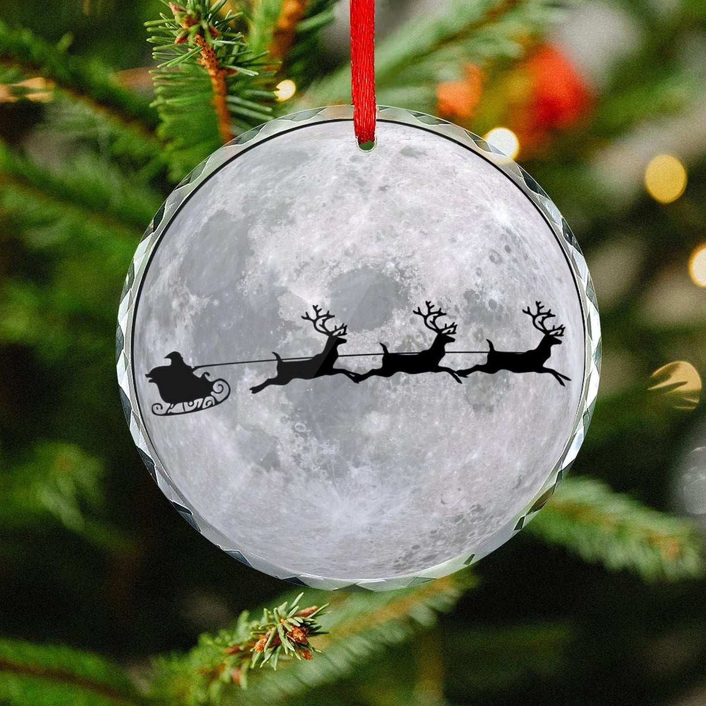 Glass Circular Ornament Pendant - Moon Santa Flying