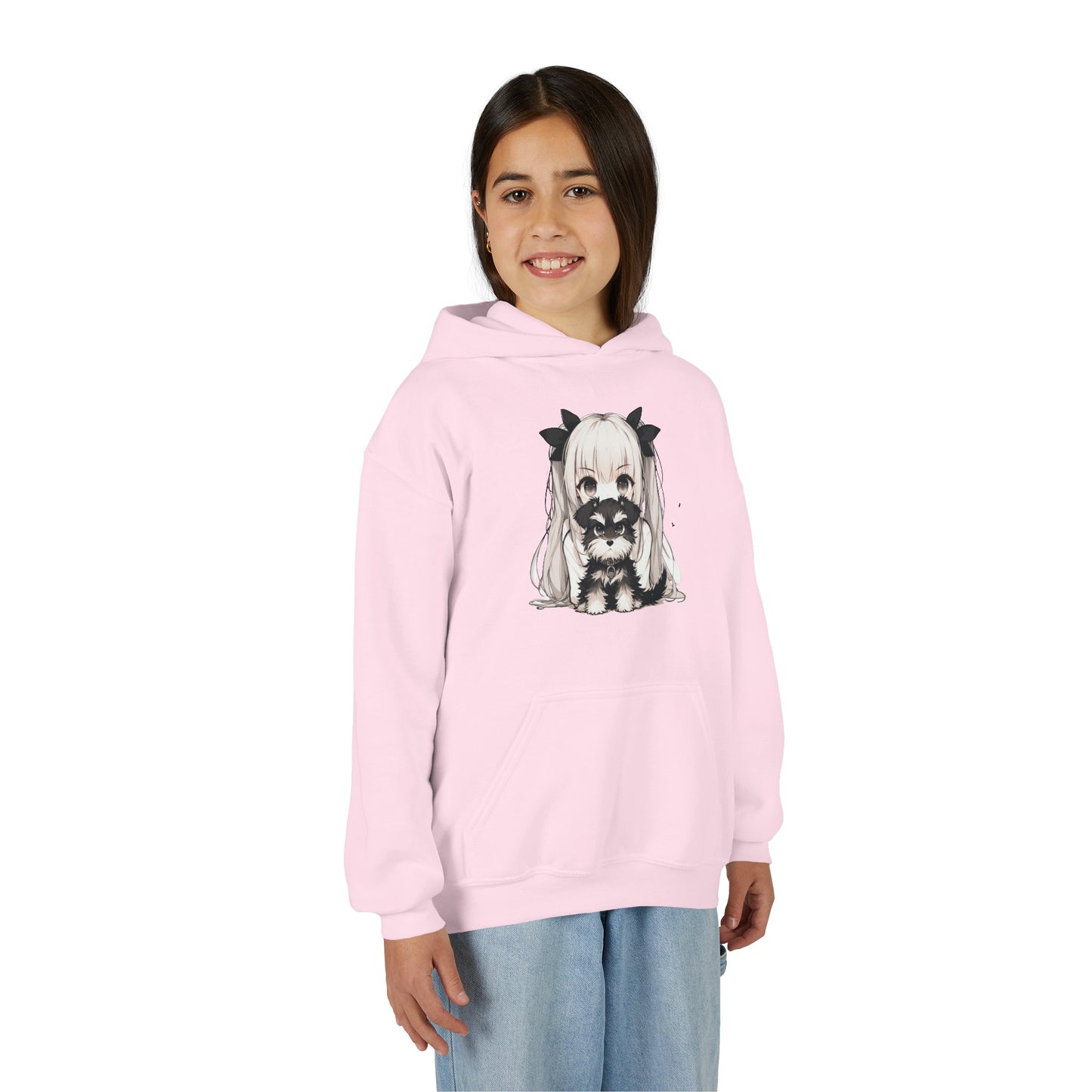 Cute Anime Girl & Puppy Youth Hoodie — Kawaii Kids Pullover for Anime Fans