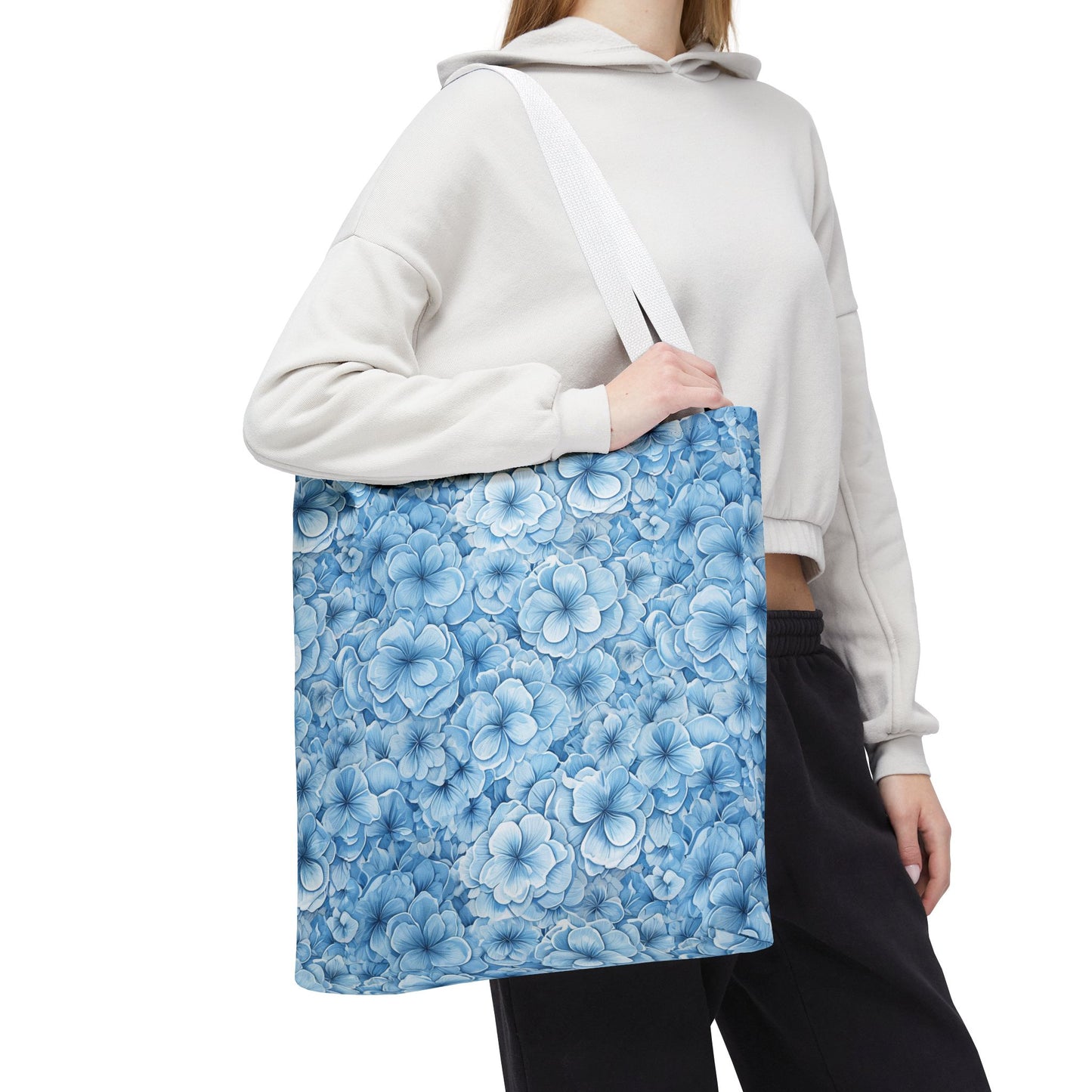 Blue Watercolor Floral Tote Bag — Reusable Flower Pattern Shopper