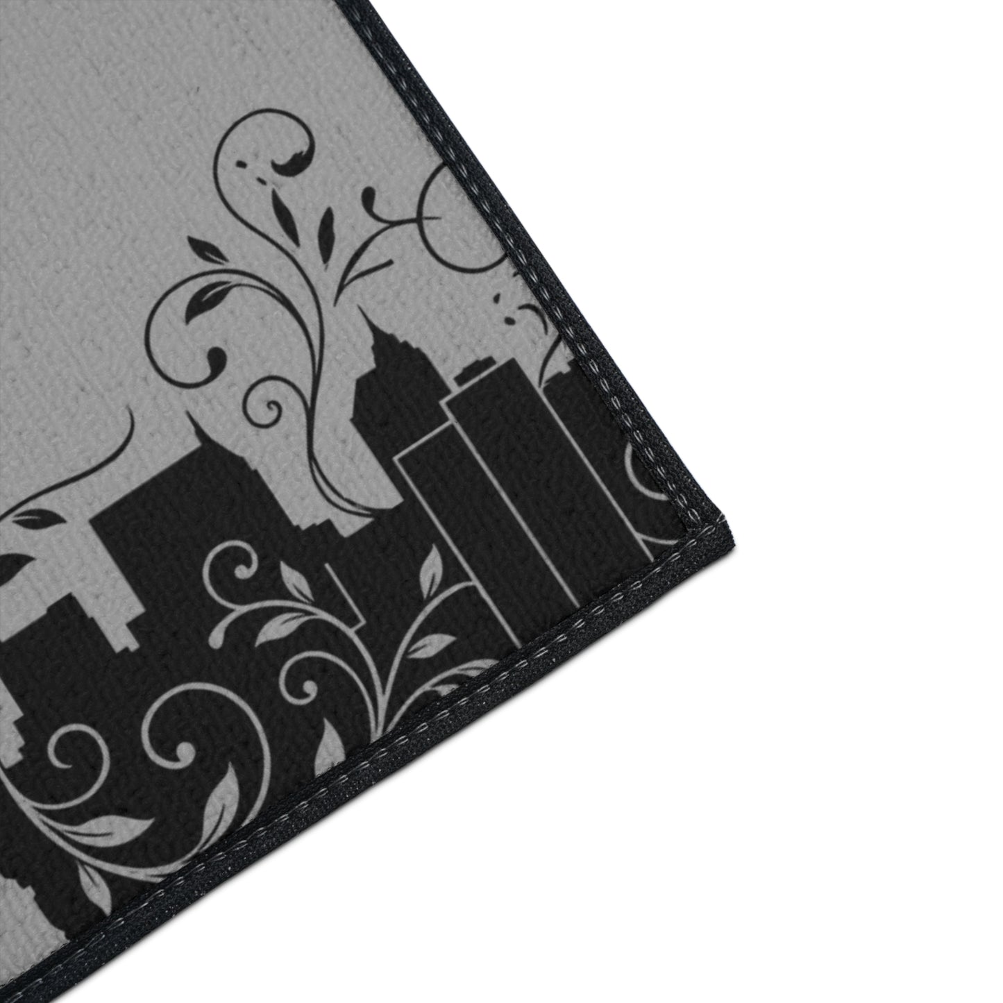 City Skyline Heavy-Duty Floor Mat — Black Urban Floral Door Rug