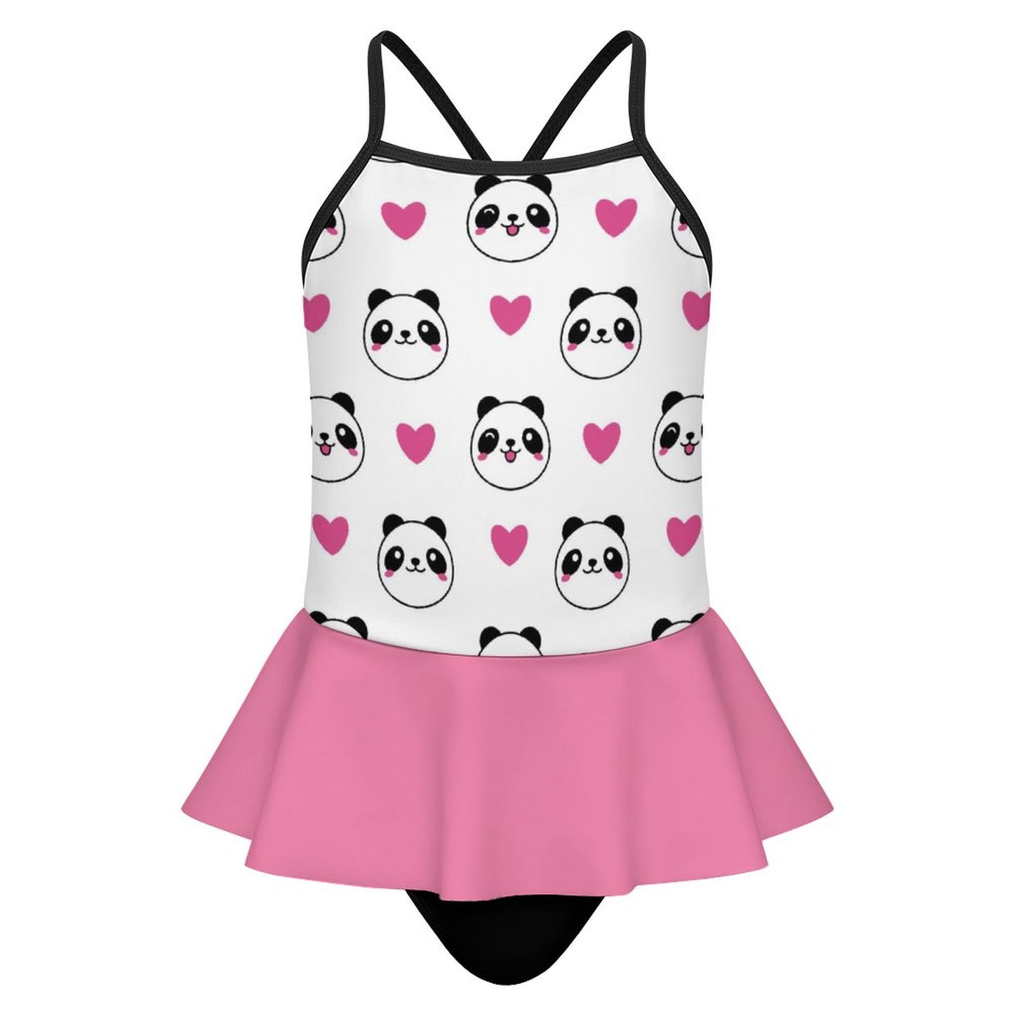 Girls One Piece Ruffle Strap Swimsuit Pink hearts and Panda