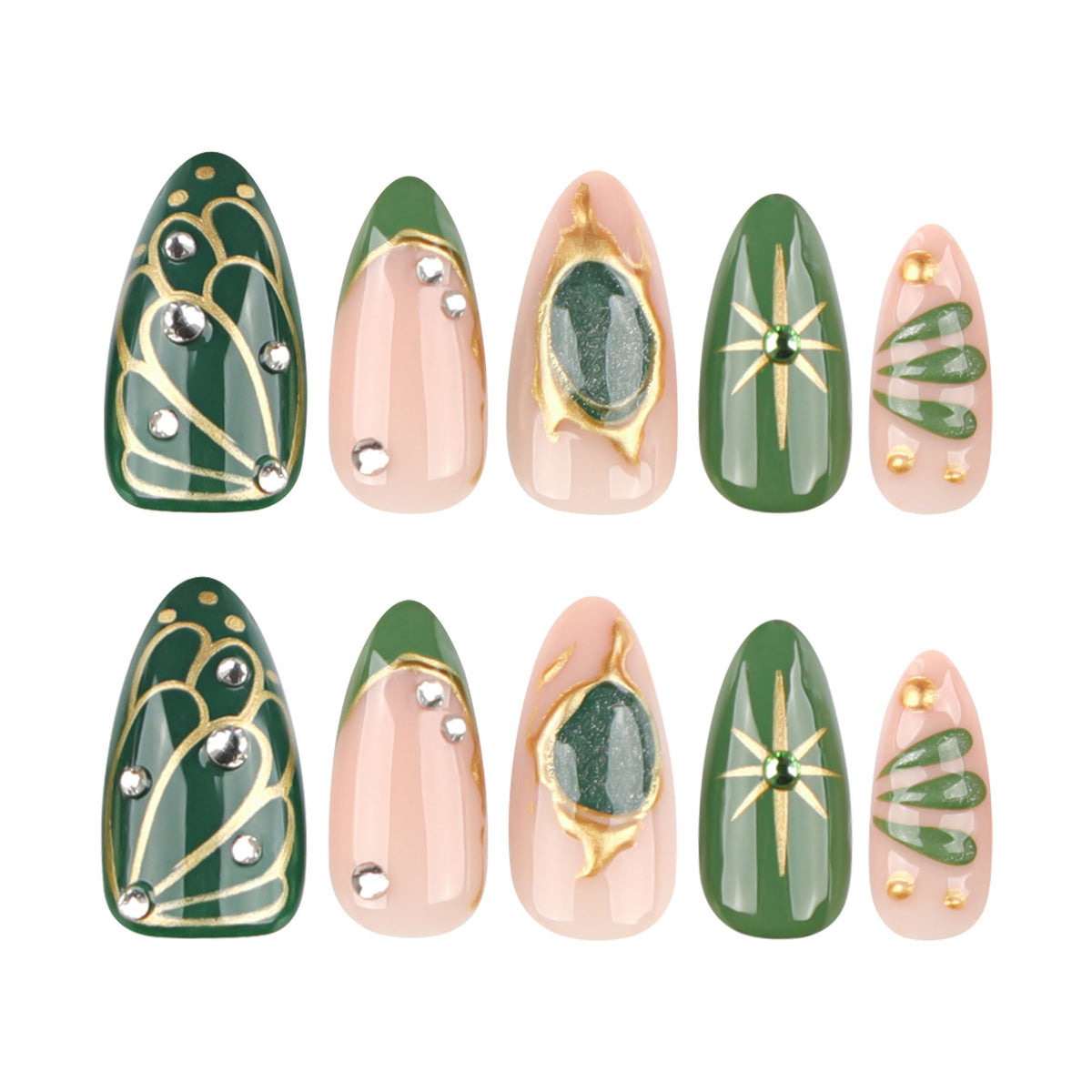 Green Gem Inspired Nails with Gold Metallic Accent Details – Image 5