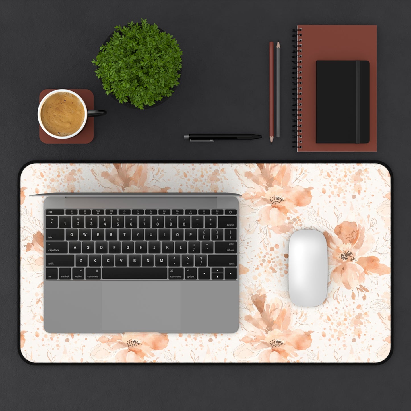 Floral Desk Mat — Soft Peach Watercolor Blossoms Mouse Pad
