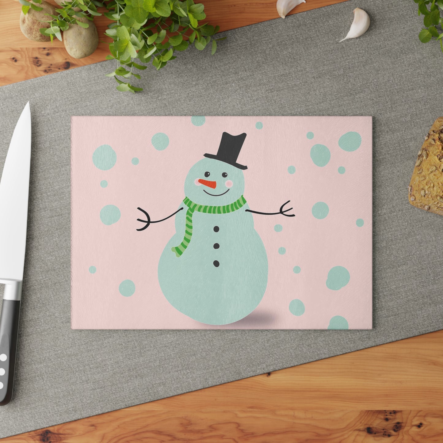 Festive Snowman Glass Cutting Board | Kitchen Decor, Holiday Gift, Winter Cooking, Unique Gift Idea, Home Essentials