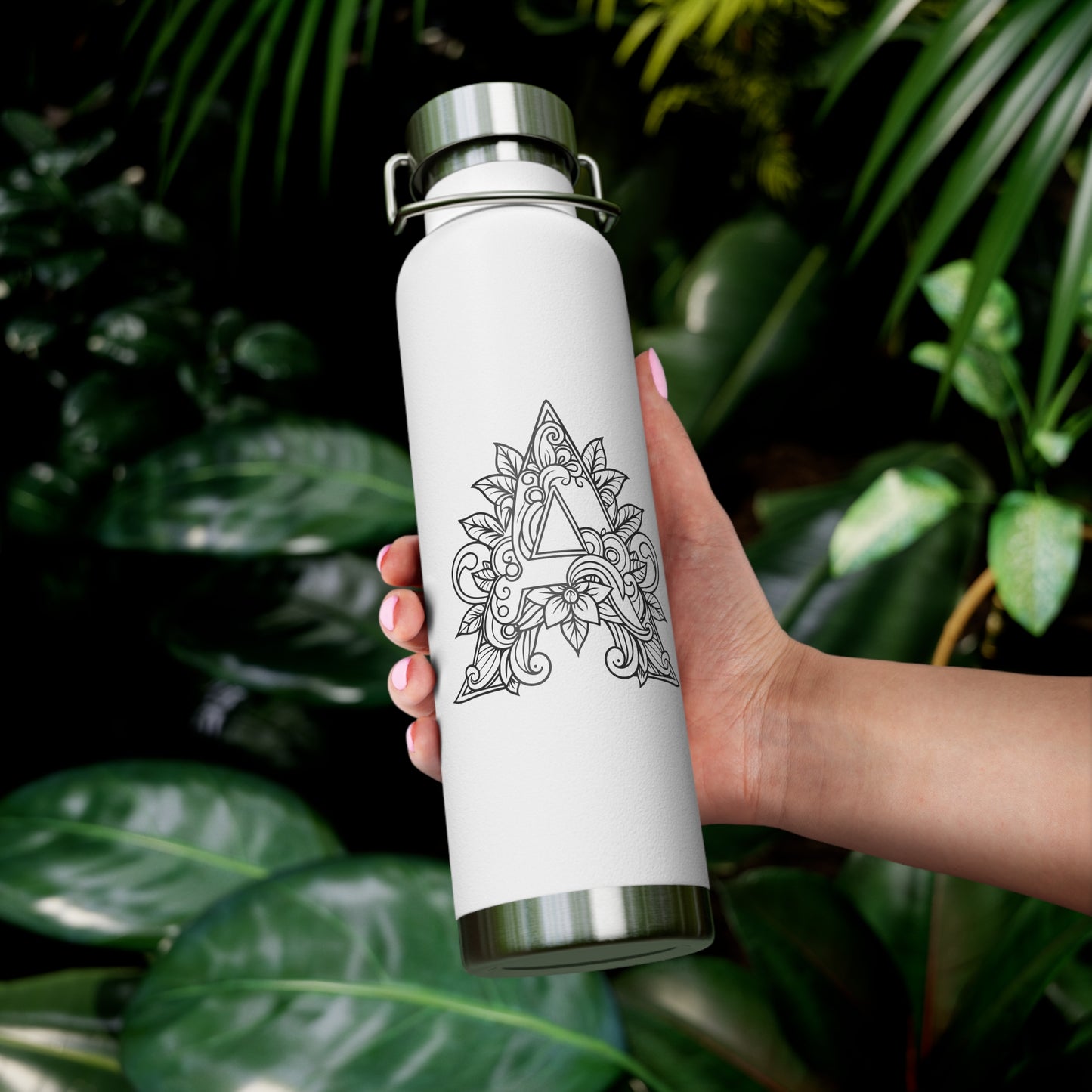 Boho Art Cold Drink Tumbler- Letter A, Personalized Water Bottle, Yoga Gift, Stylish Insulated Flask