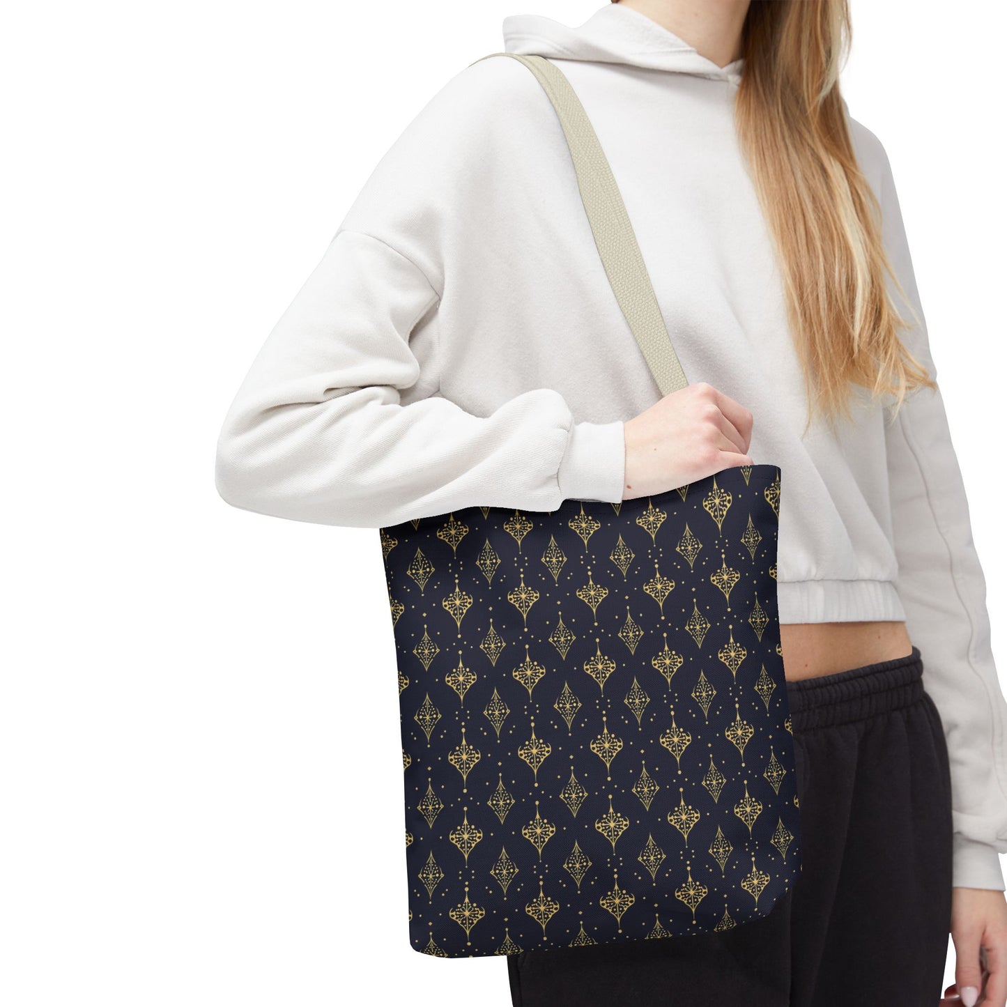 Navy & Gold Art Deco Tote Bag — Elegant Geometric Pattern All-Over Print