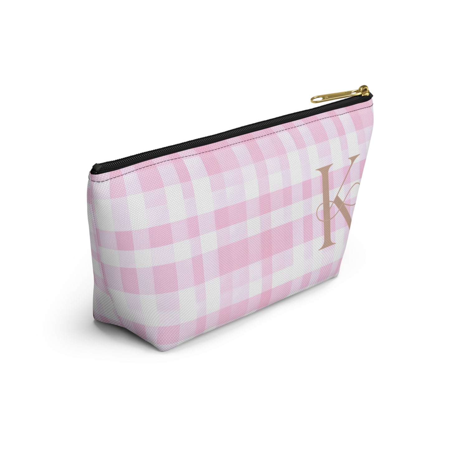 Personalized Pink Gingham Accessory Pouch, Makeup Bag - Letter K