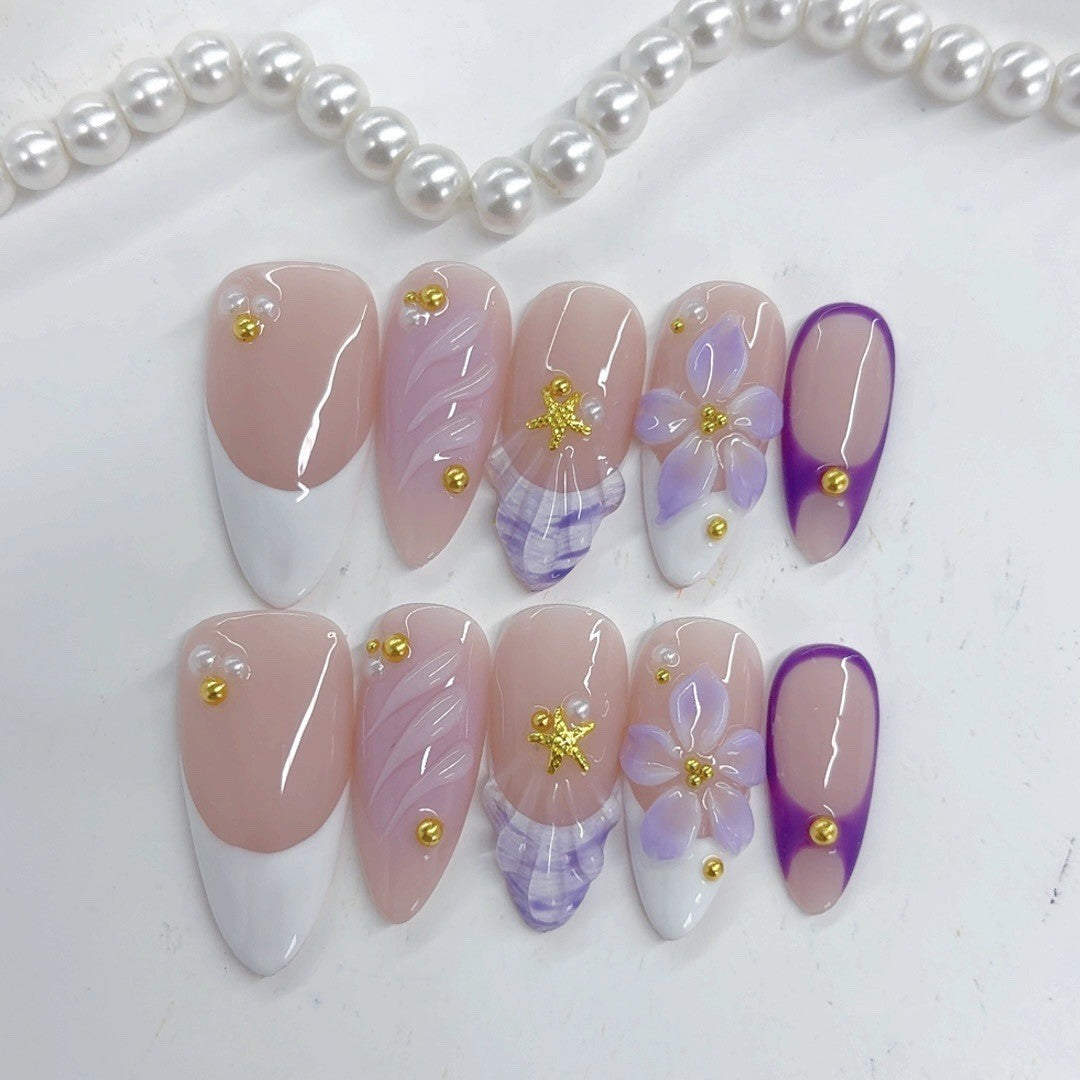 Elegant Pastel: "Lavender Bloom French" – Medium Almond Nude & Purple Gradient Handmade Press-On
