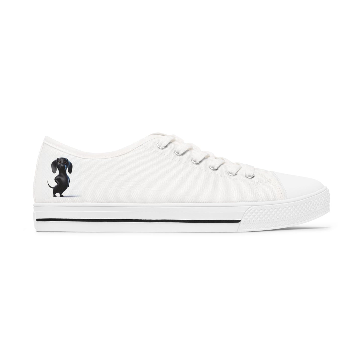 Low Top Sneakers — White Casual Women's Canvas Shoes with Small Black Cat Silhouette