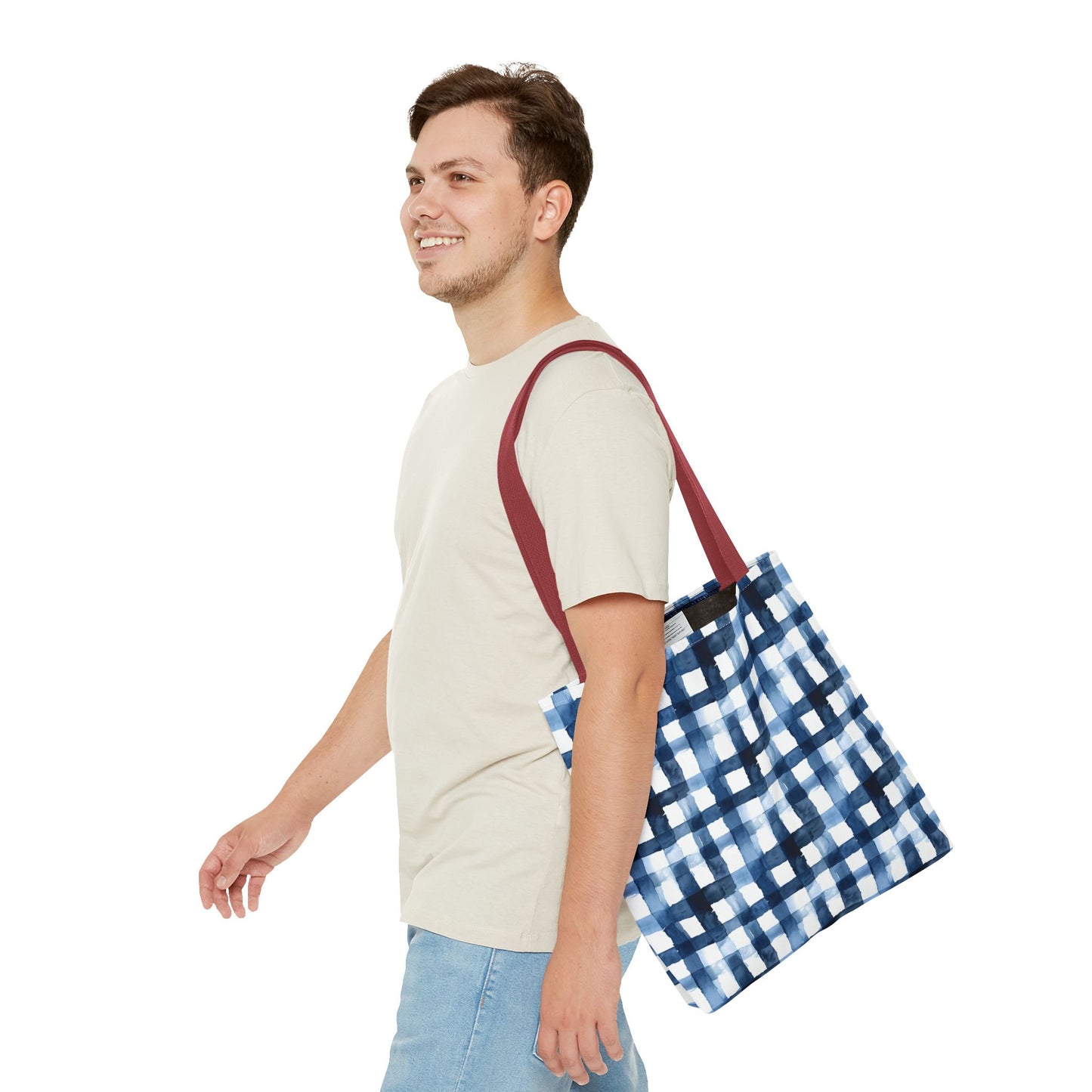 Blue Watercolor Plaid Tote Bag — Navy Check Pattern All-Over Print
