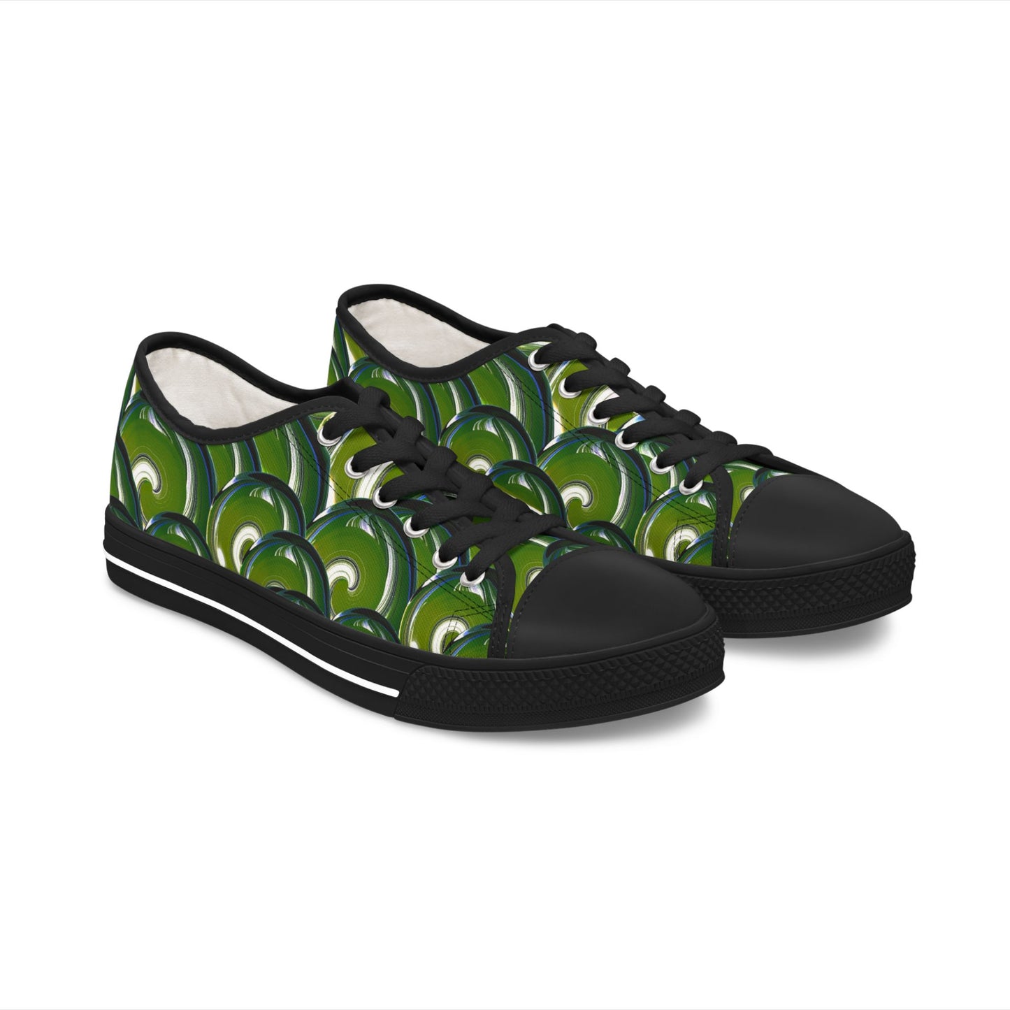 Green Bubble Pattern Women's Low Top Sneakers — Retro Abstract Tennis Shoes