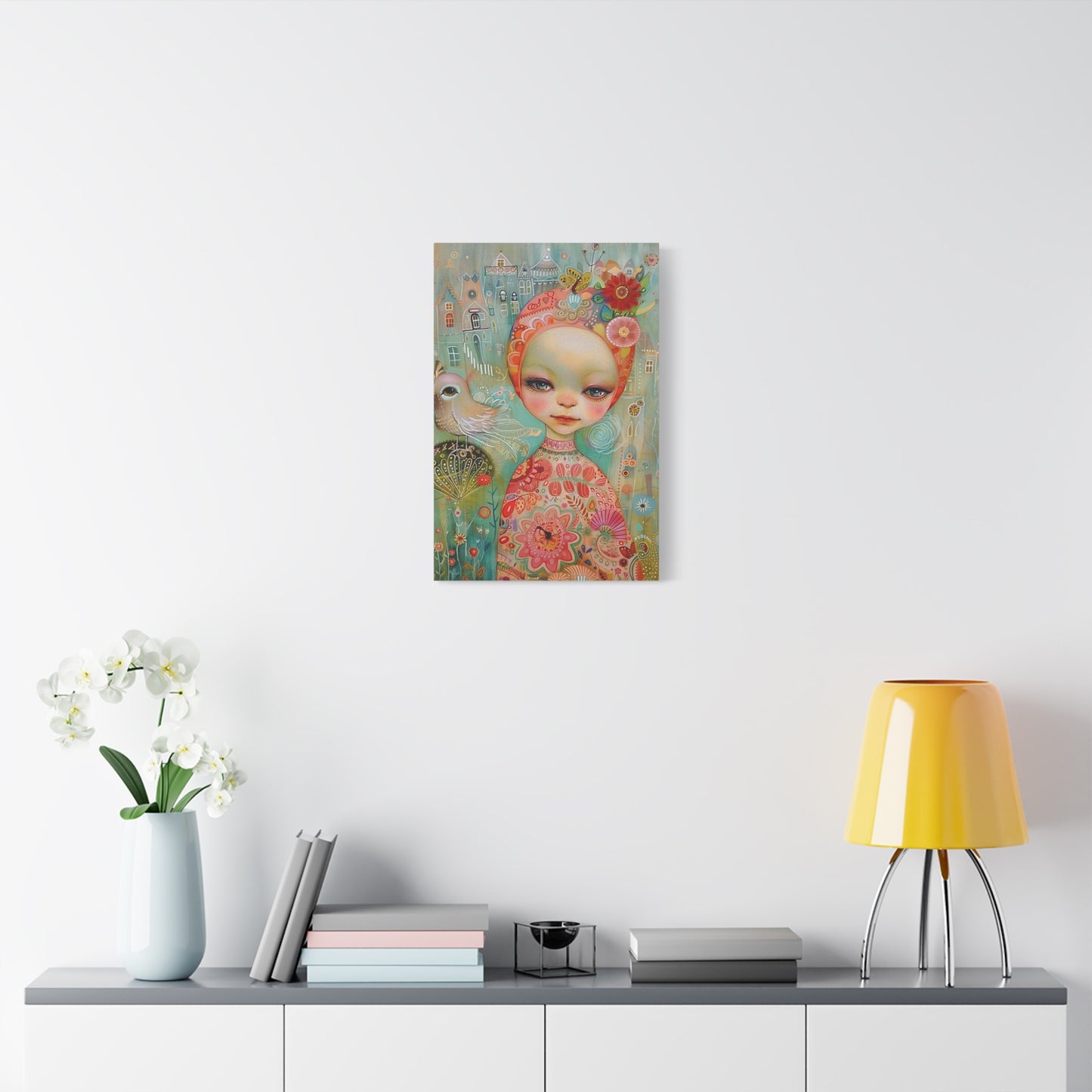 Whimsical Girl & Bird Matte Canvas Wall Art — Stretched Decorative Painting