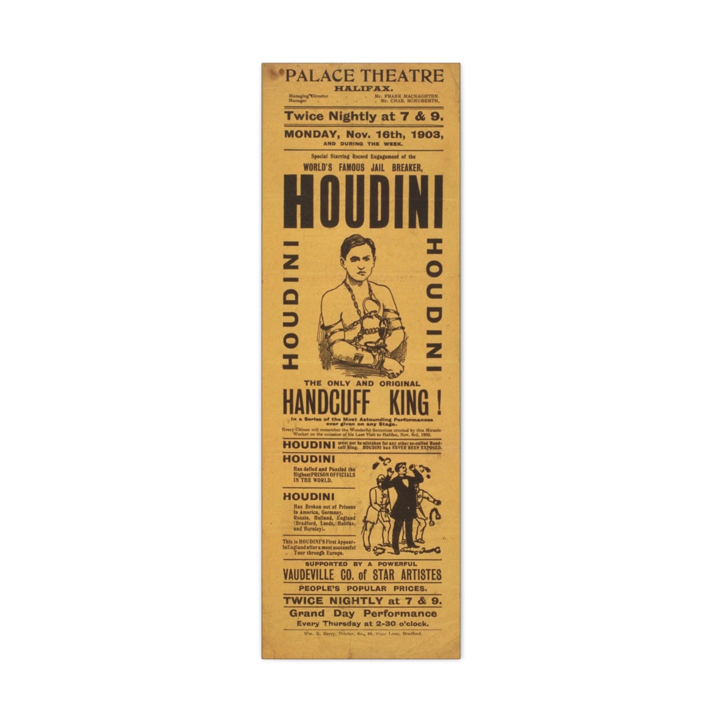 Houdini Vintage Poster Matte Canvas Wall Art (Stretched 1.25")