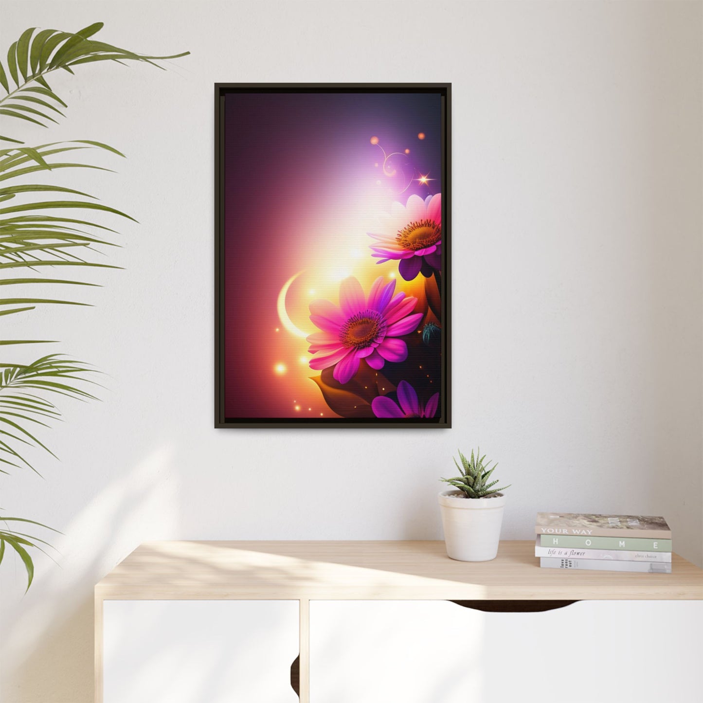 Framed Floral Canvas Art — Pink Daisies Sunset Wall Print