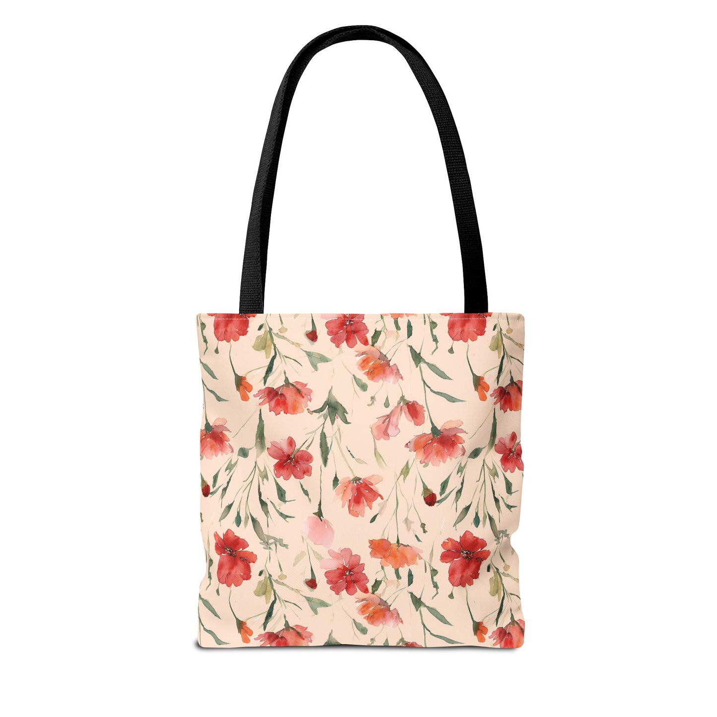 Floral Watercolor Tote Bag — Pink Red Poppy Pattern All-Over Print