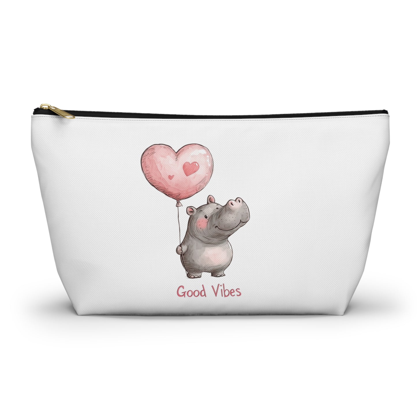Good Vibes Hippo Accessory Pouch, Cute Makeup Bag, Gift for Animal Lovers, Fun Travel Organizer, Heart Balloon Design
