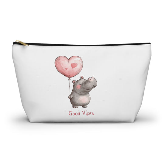 Good Vibes Hippo Accessory Pouch, Cute Makeup Bag, Gift for Animal Lovers, Fun Travel Organizer, Heart Balloon Design