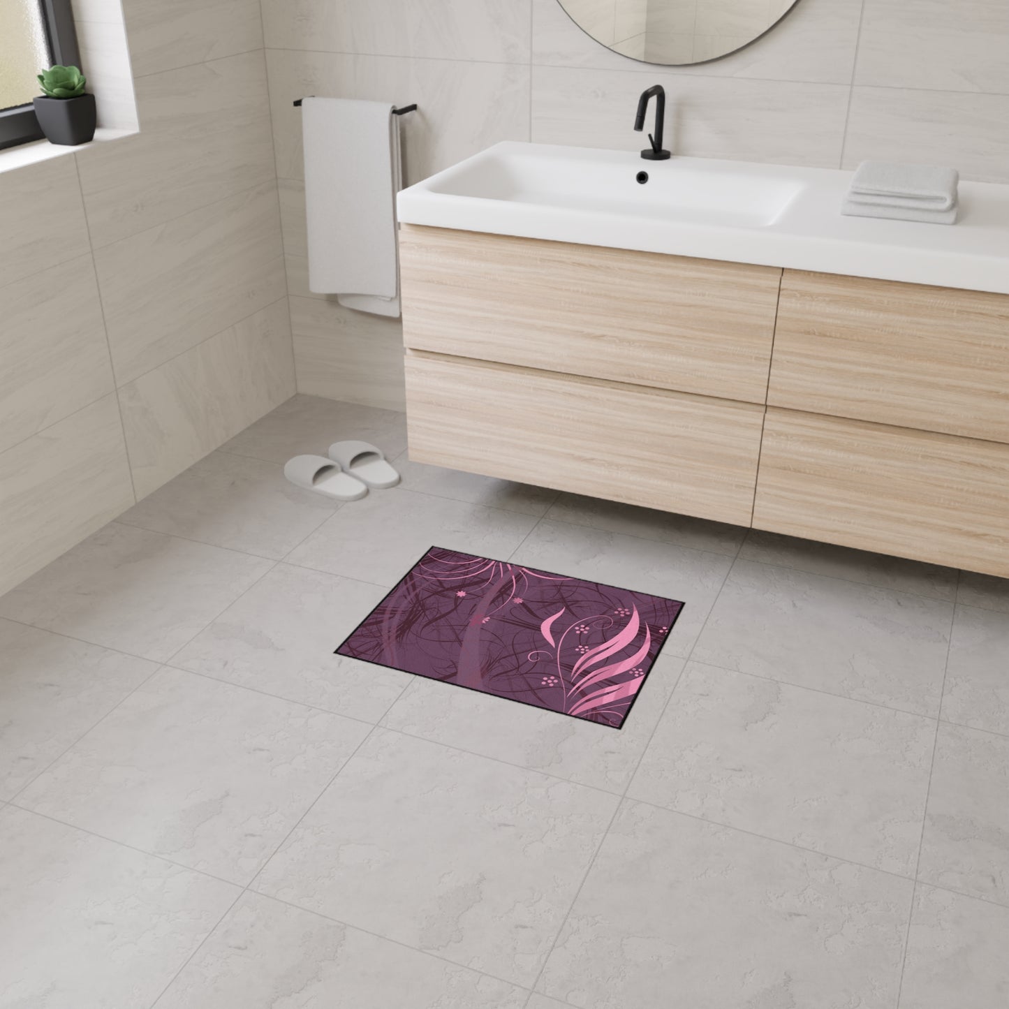 Floral Plum Heavy-Duty Floor Mat — Pink Swirl Entrance Rug