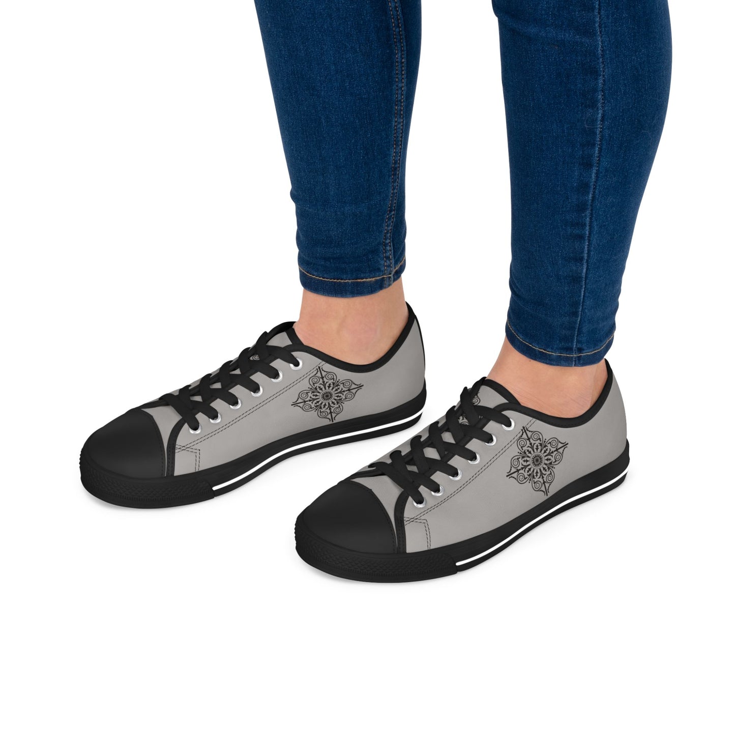 Women's Low Top Sneakers — Gray Tile Mandala Casual Canvas Shoes