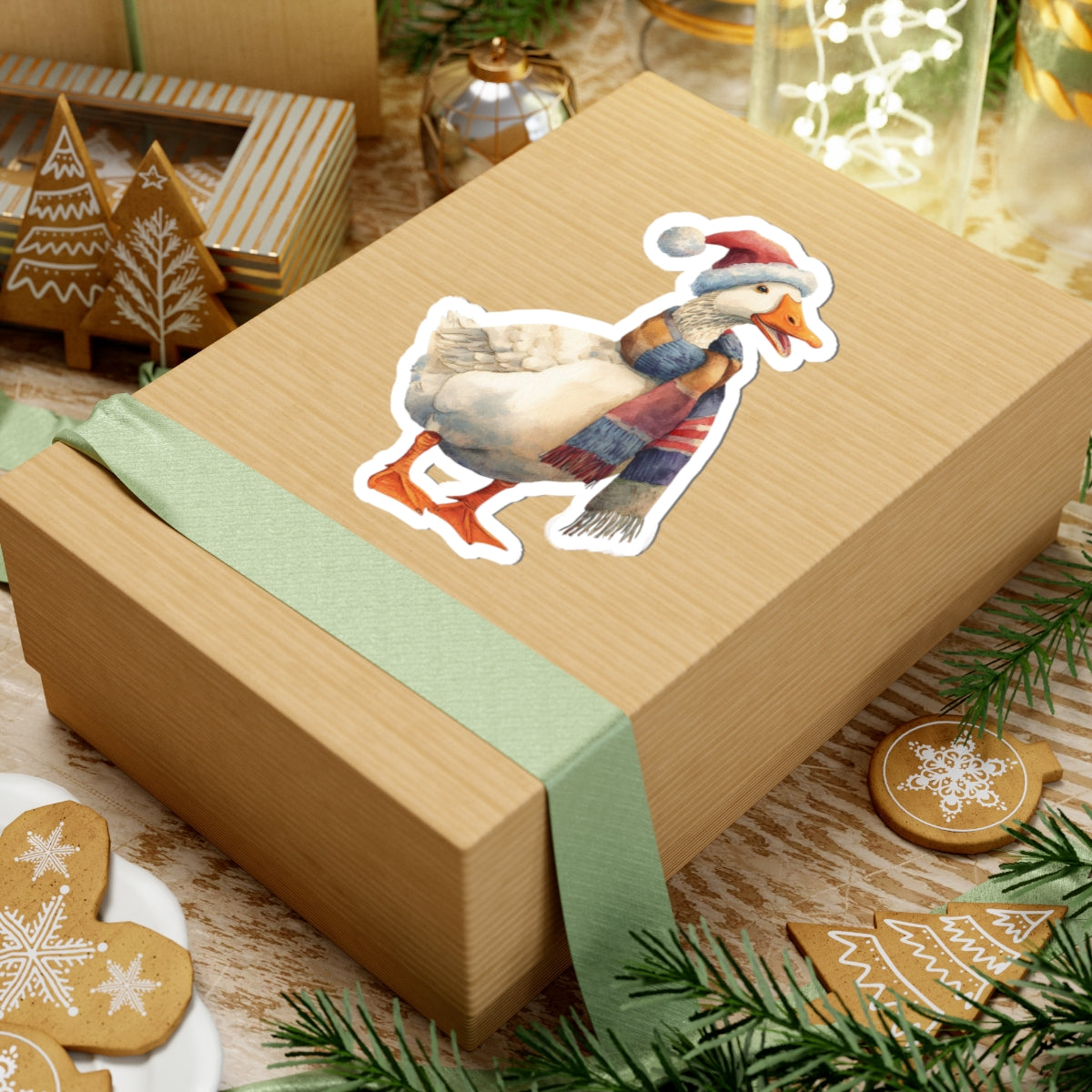 Festive Goose Kiss-Cut Sticker — Holiday Duck with Santa Hat & Cozy Scarf