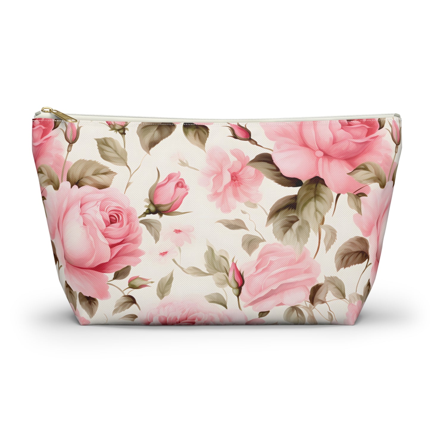 Floral Rose Accessory Pouch - Pink Vintage Cosmetic Bag with T-Bottom